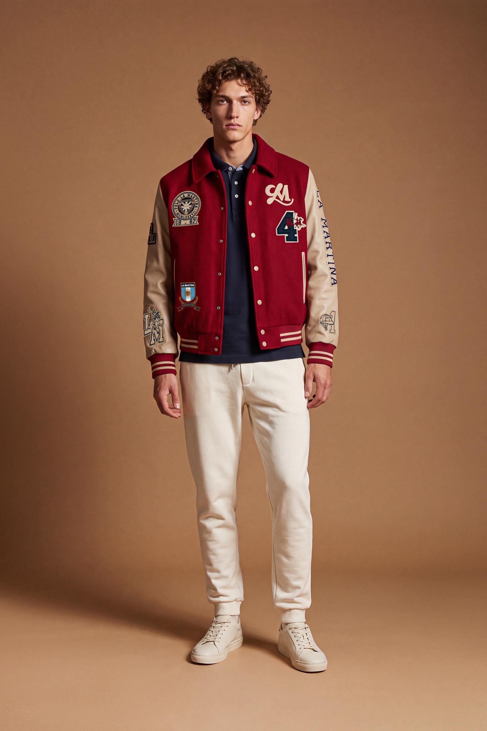 Men's long-sleeve varsity jacket with wool felt body, contrasting faux leather sleeves, ribbed trims, padded lining, chenille patches, and embroidered logo for classic style. - Red Dahlia/Sheer Bli