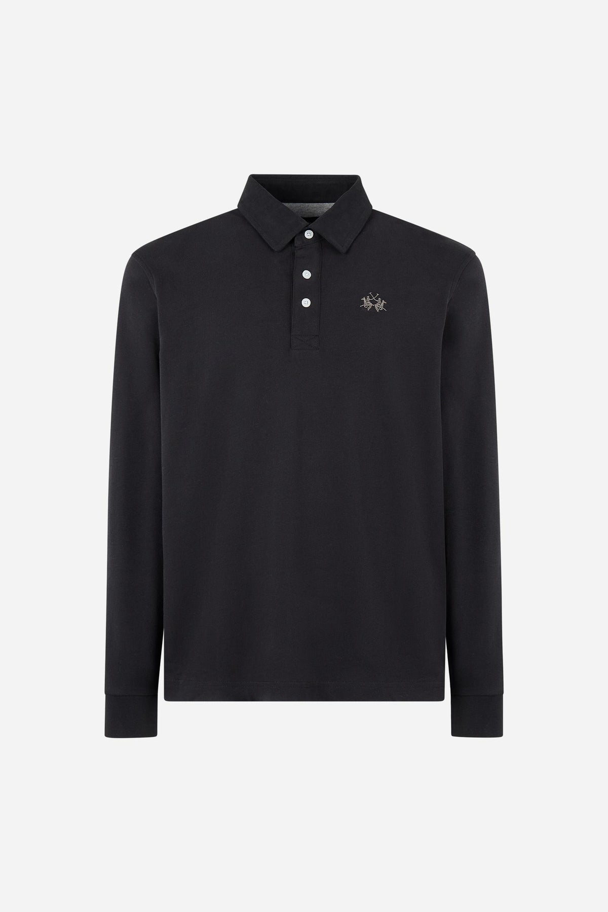 Men's long-sleeve polo made from heavy cotton jersey with ribbed cuffs, contrasting gabardine collar, embroidered logo, and a comfortable regular fit. - Black