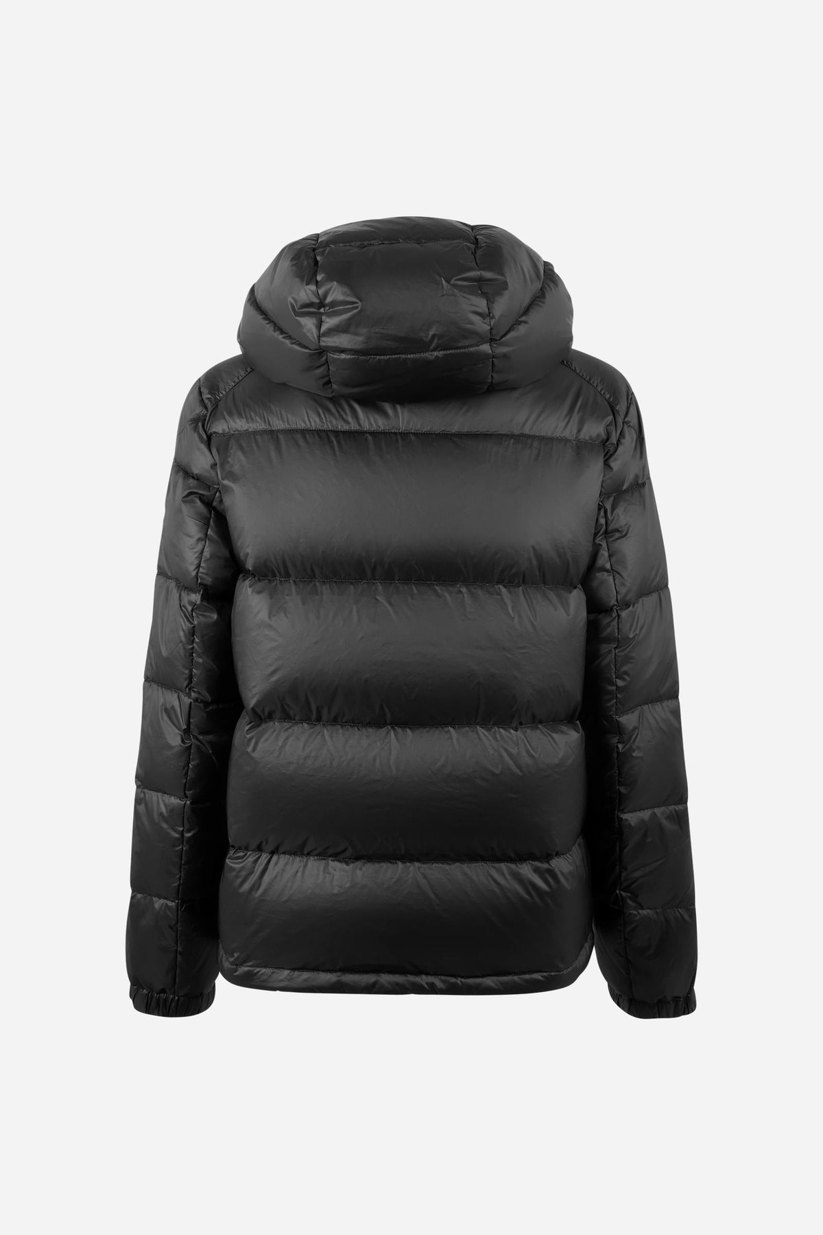 Men's padded feather bomber jacket with detachable hood, iridescent nylon, double zipper, snap buttons, adjustable drawstring, zippered pockets, and embroidered logo. - Black