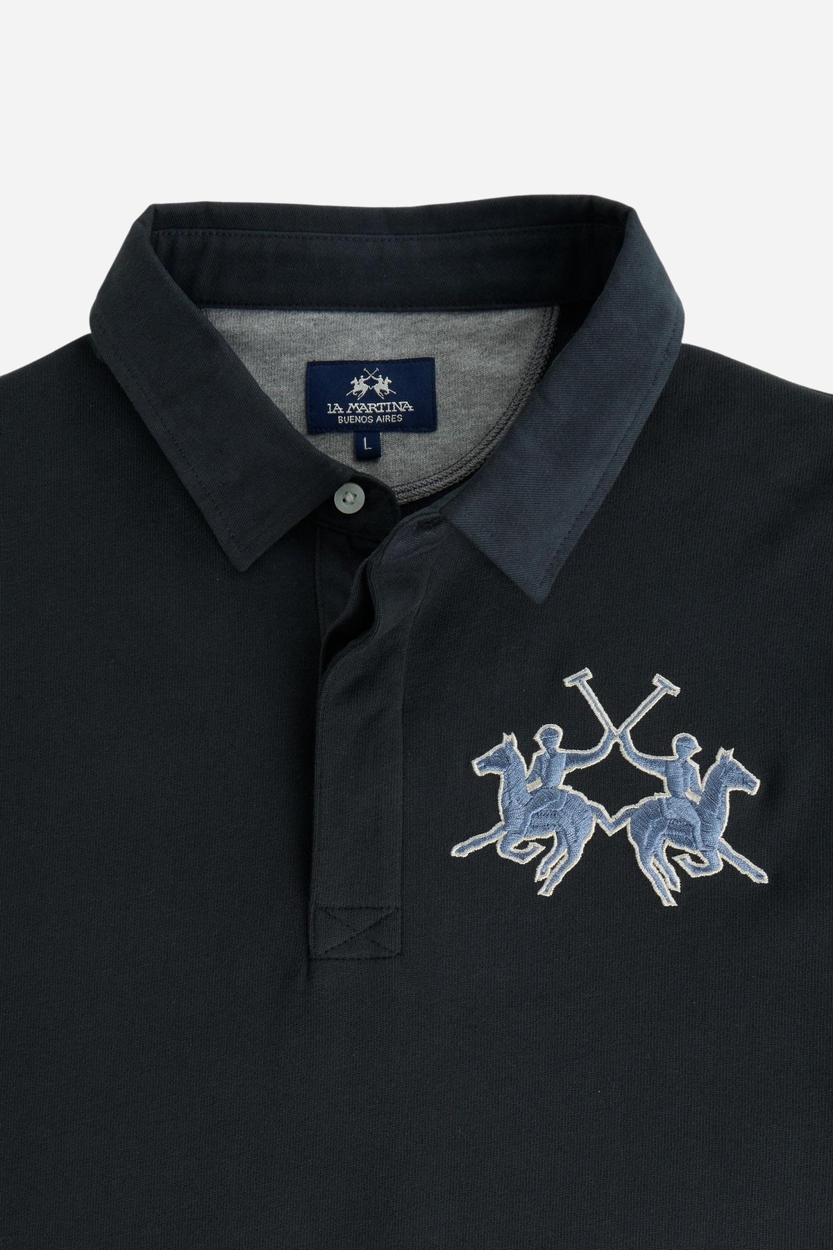 Men's long-sleeve polo in heavyweight 100% cotton jersey with a contrasting collar and hidden placket. Features a relaxed fit and a large 3D embroidered logo. - Navy Blazer