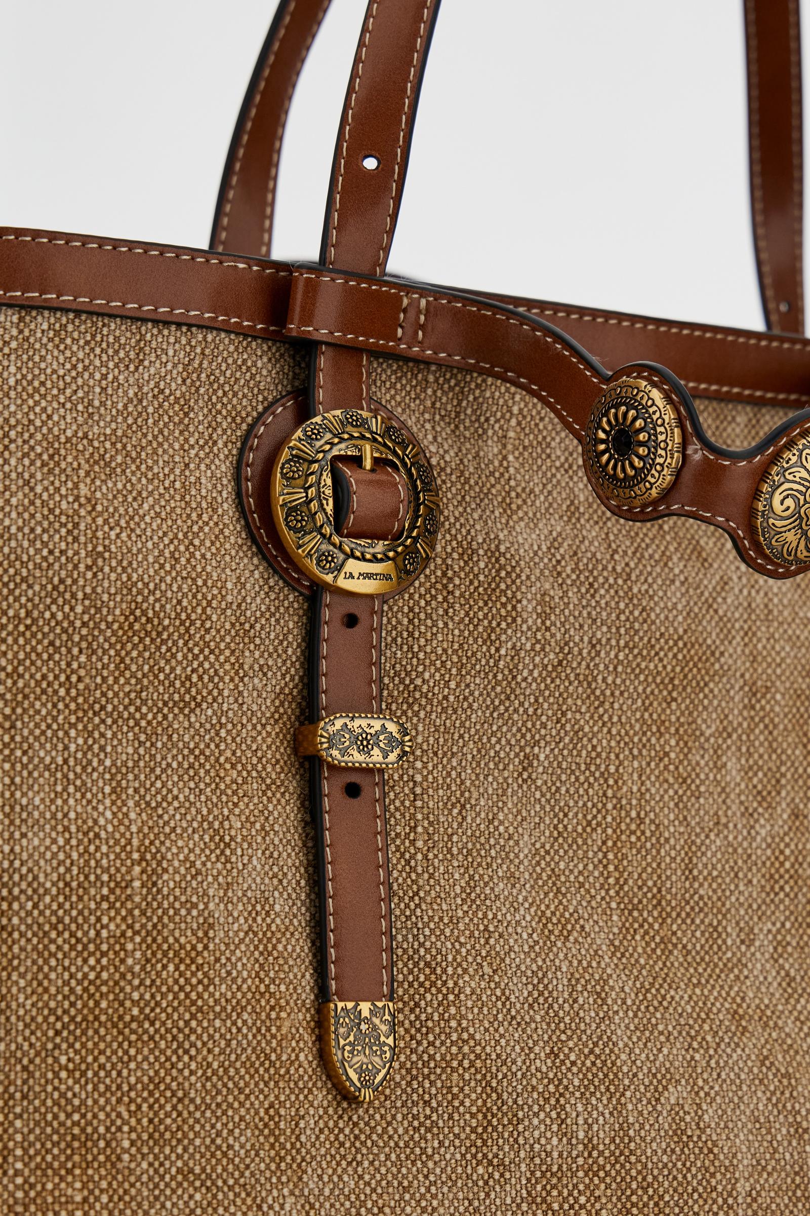 Linen-effect canvas shopping bag with gold floral studs – Gaucho Shopping Bag
