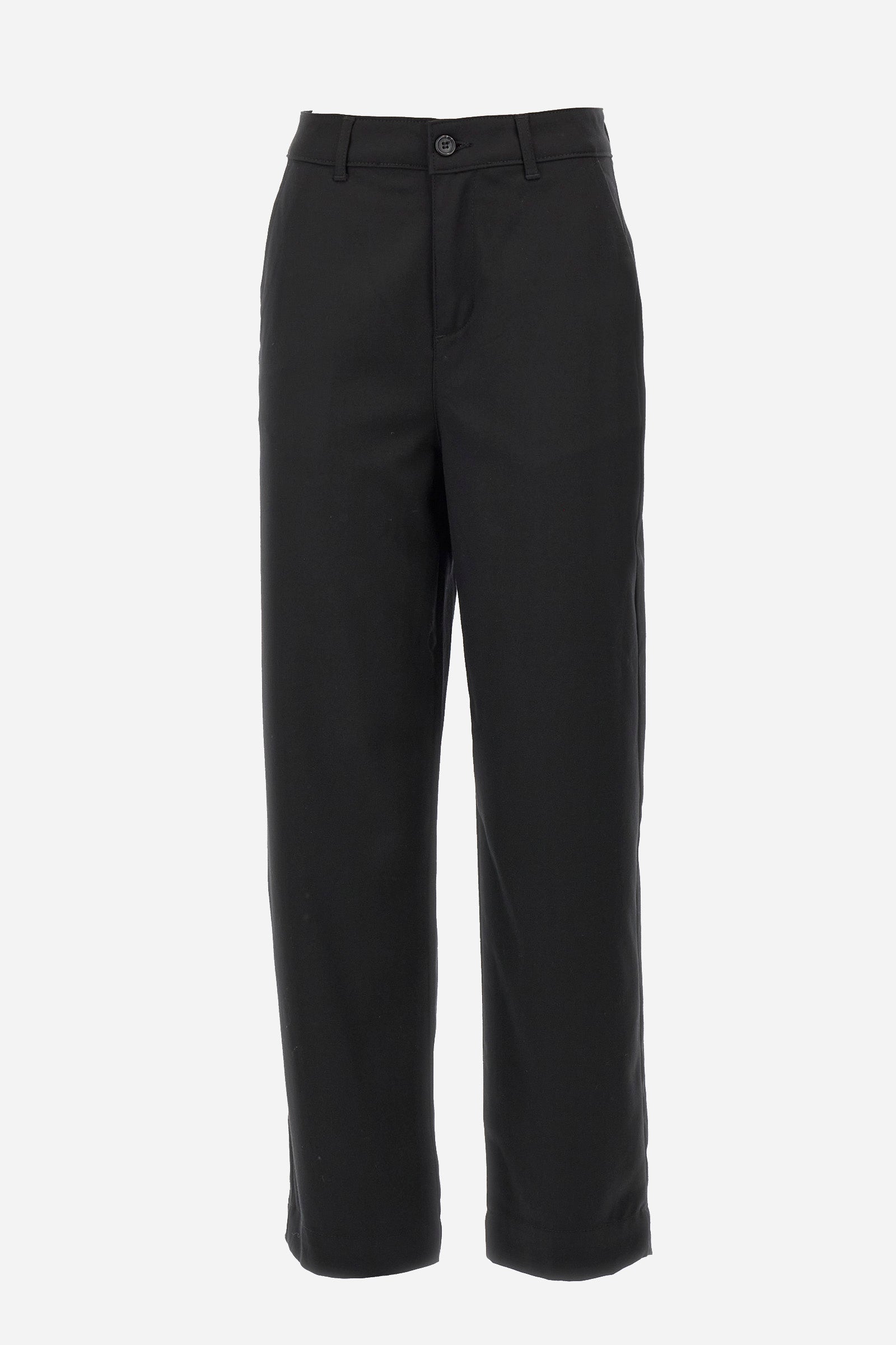 Classic women's trousers made of stretch viscose to offer comfort and wearability. The button fastening, the welt pockets and the double back pocket guarantee practicality and functionality. The logo patch also adds a touch of understated style. The regular fit adapts perfectly to many body types, making these trousers a versatile choice for any occasion. The model is 174 cm tall and wears a size 2. - Black