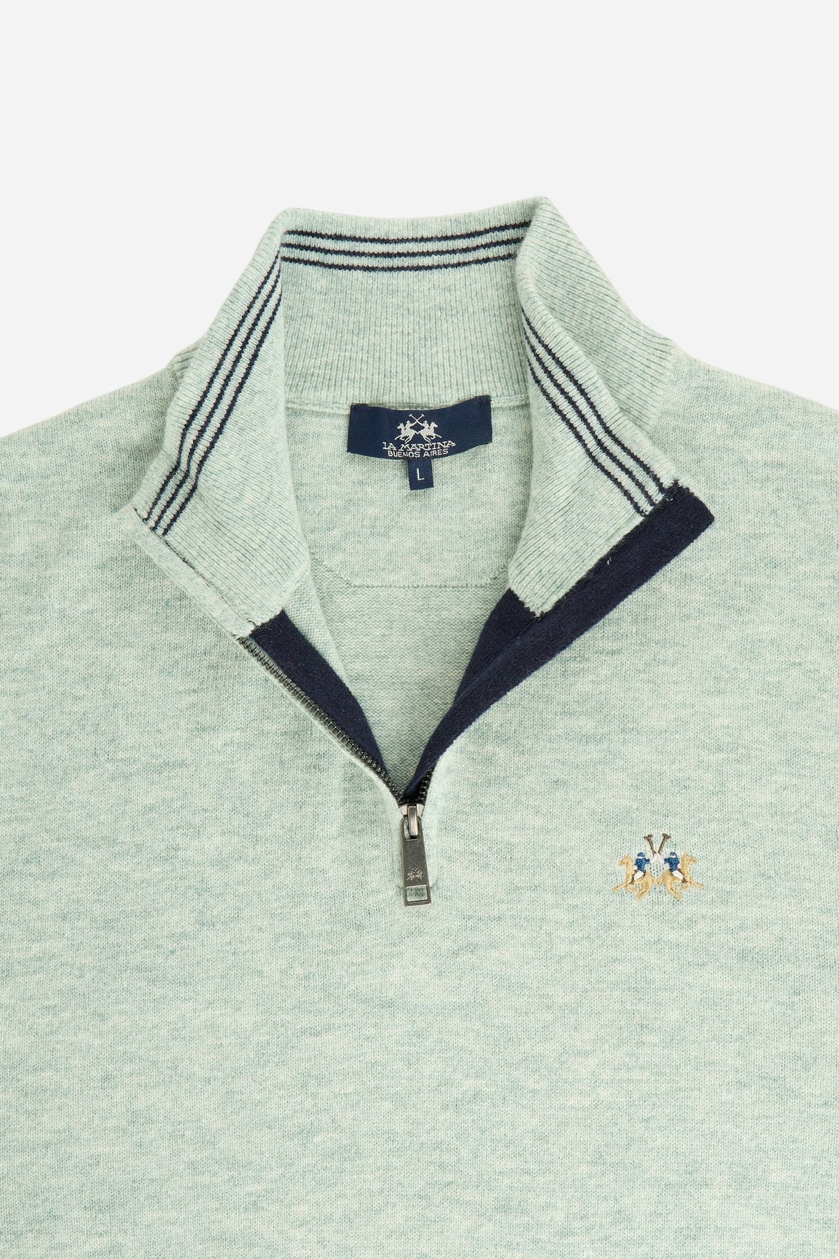 Men's long-sleeve lambswool sweater with half-zip neck, ribbed collar, cuffs, and hem, featuring contrasting inner tape and embroidered logo for a stylish, comf - Desert Sage