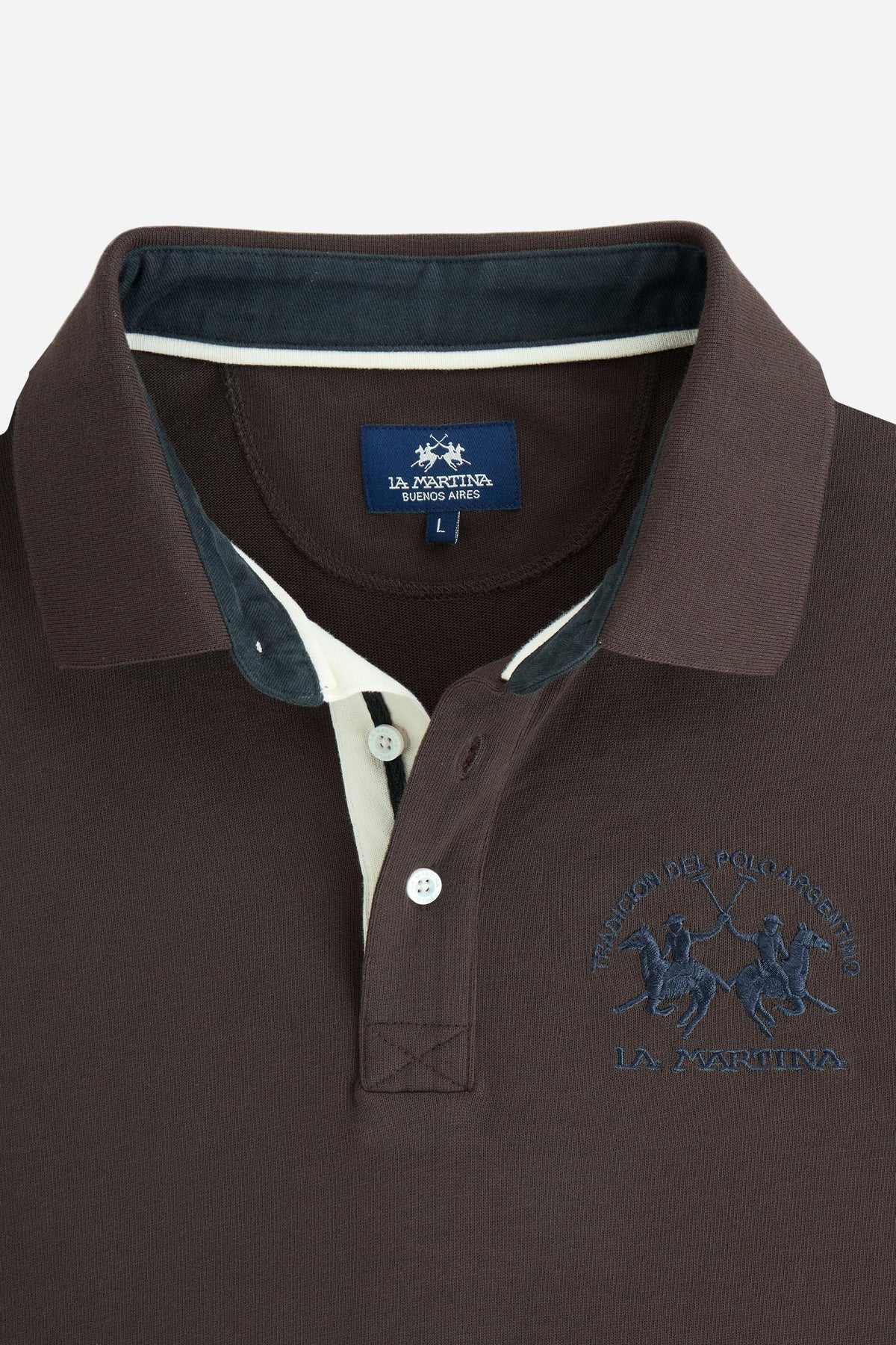 Men's long-sleeve polo in soft cotton jersey with contrasting gabardine collar, ribbed details, multicolor striped placket, and embroidered team logo for comfor - Hot Fudge