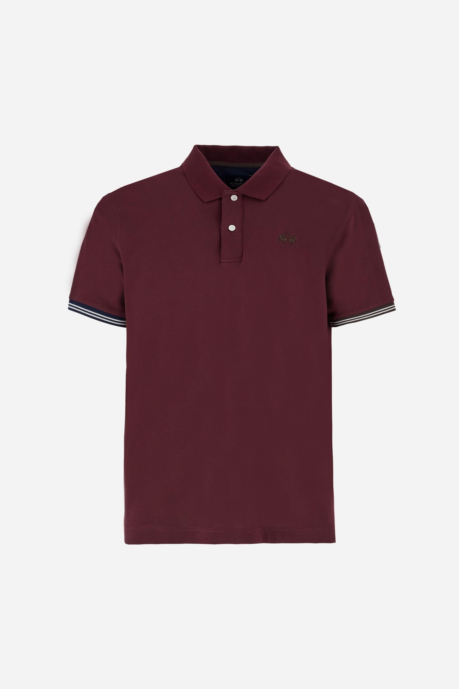 Men’s short-sleeve polo in high-quality stretch cotton piqué, ensuring excellent breathability and flexibility. Classic ribbed collar, two-button placket with customized buttons. Inner collar enriched with contrast tapes and colors for a modern touch. Multicolored ribbed cuffs with different patterns. Small contrast logo embroidered on the chest. Regular fit. Model wears size L. - Port Royale