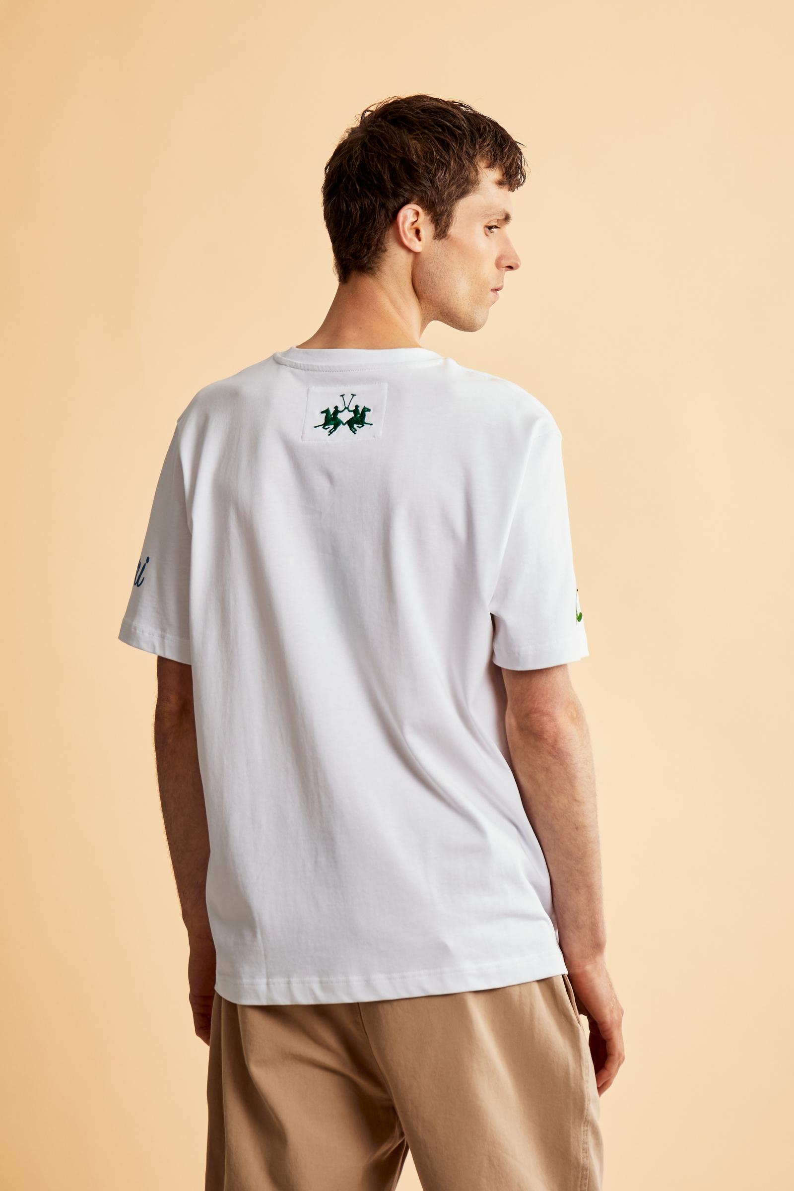 Men’s cotton jersey T-shirt with contemporary fit and Capri Edition printed graphic. Bold logo and contrast monogram. - Optic White