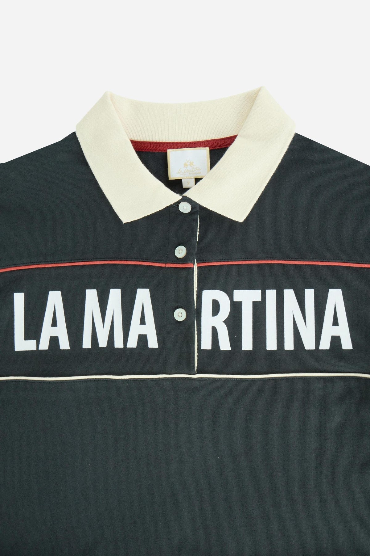 Women's long-sleeve polo made from heavyweight 100% cotton jersey, featuring a comfortable fit, contrasting collar, piping detail, printed band, and embroidered logo cuff. - Navy Blazer