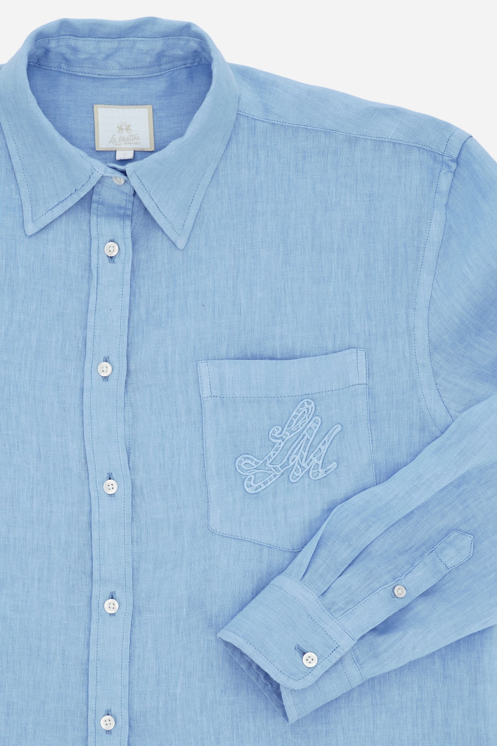 Camicia donna in lino tinto capo con tasca ricamata - Celeste