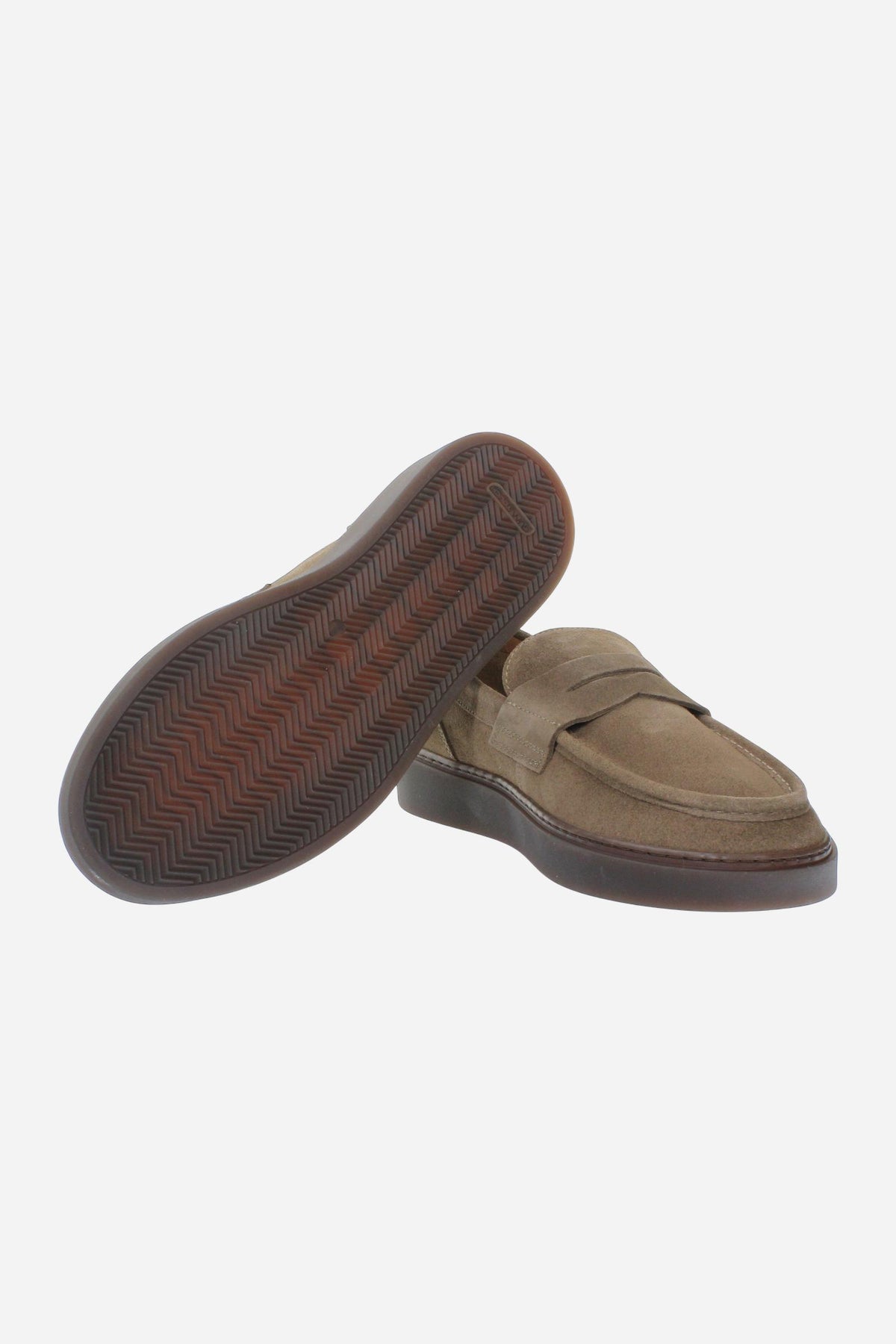 Men's suede loafer with glove stitching, embossed logo, and brown rubber sole for comfort and style. Handcrafted in Italy for casual and semi-formal wear. - Taupe Gray