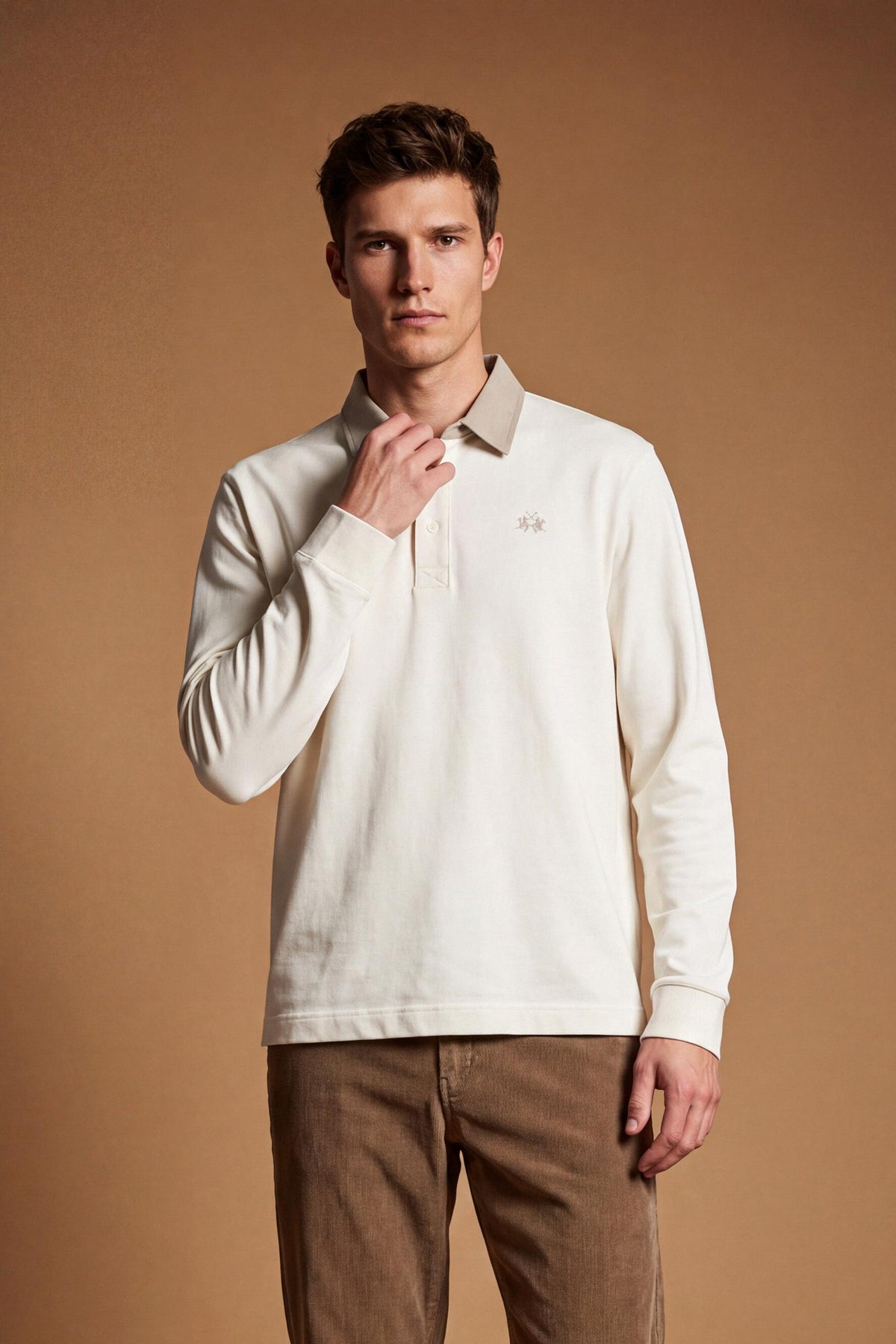 Polo homme manches longues en jersey de coton épais avec col contrastant - Duke