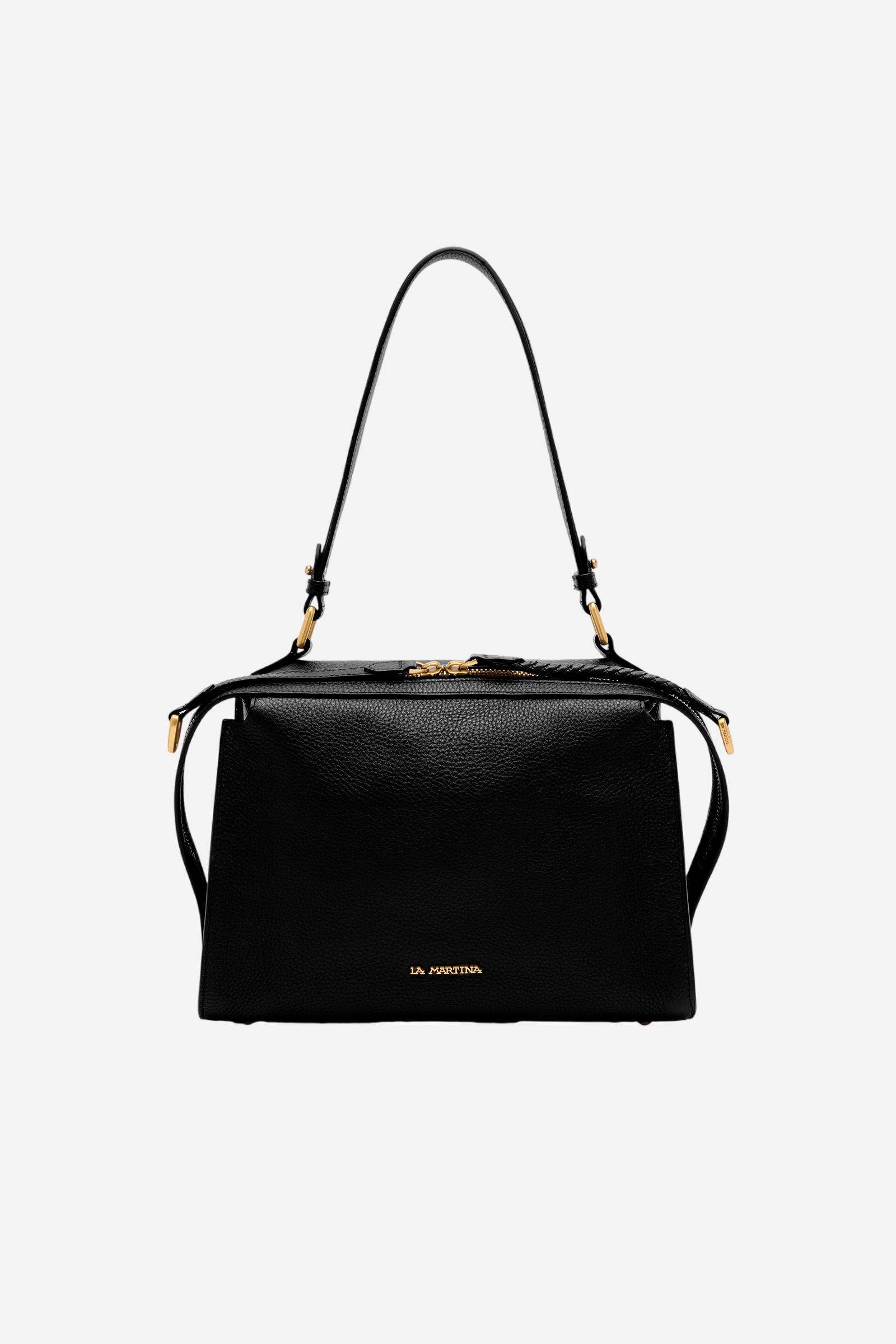 Compact full-grain leather shoulder bag with long handles and side zip pullers for a distinctive, modern design. - Black