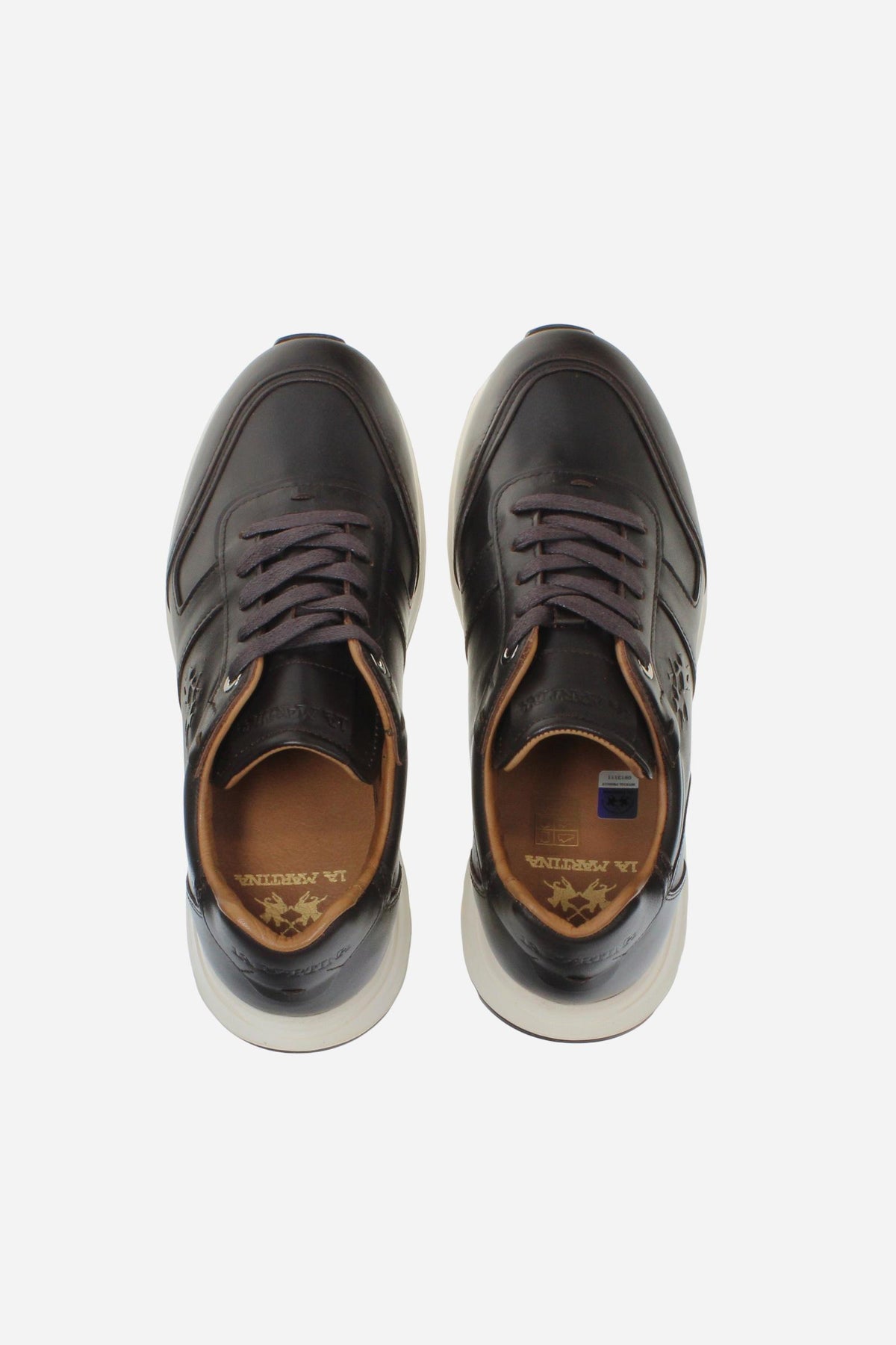 Men's leather sneaker with tone-on-tone stitching, hand-stitched details, embossed logos, and a lightweight two-tone EVA sole for comfort and grip. - Dark Brown