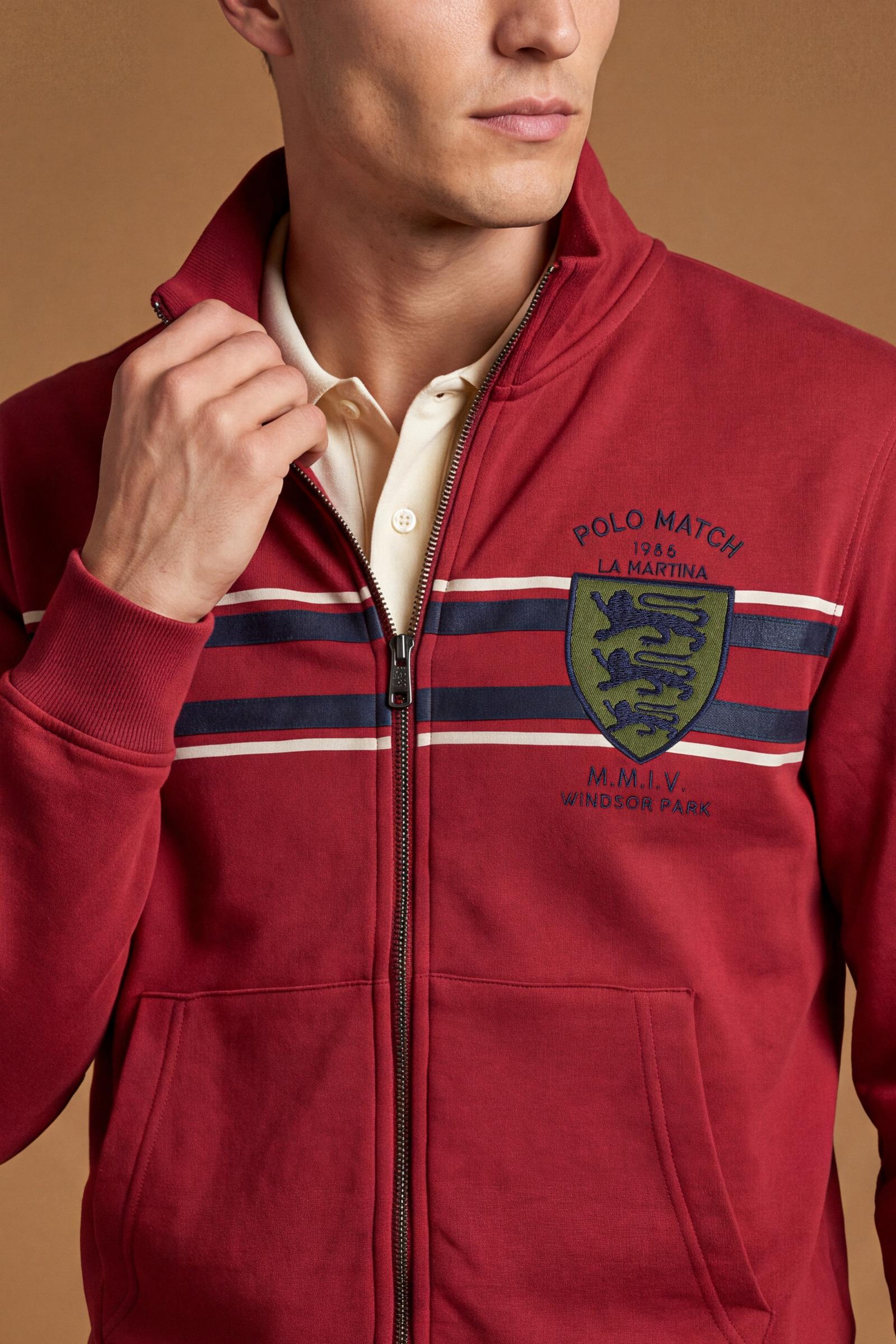 Men's long-sleeve sweatshirt in soft cotton with high double-layer collar, front zipper, ribbed cuffs, kangaroo pockets, and striking red, black, white stripes. - Red Dahlia