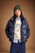 Short women's down jacket in iridescent nylon with 90% down filling, high padded collar, adjustable hem, wide fit, and shimmering large quilted design for warmth and style. - Navy Blazer