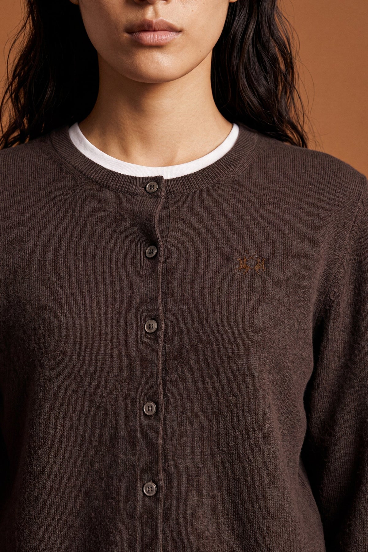 Soft lambswool blend cardigan with a smooth knit, regular fit, cropped length, ribbed crew neck, cuffs, hem, and subtle front button closure for a refined look. - Hot Fudge