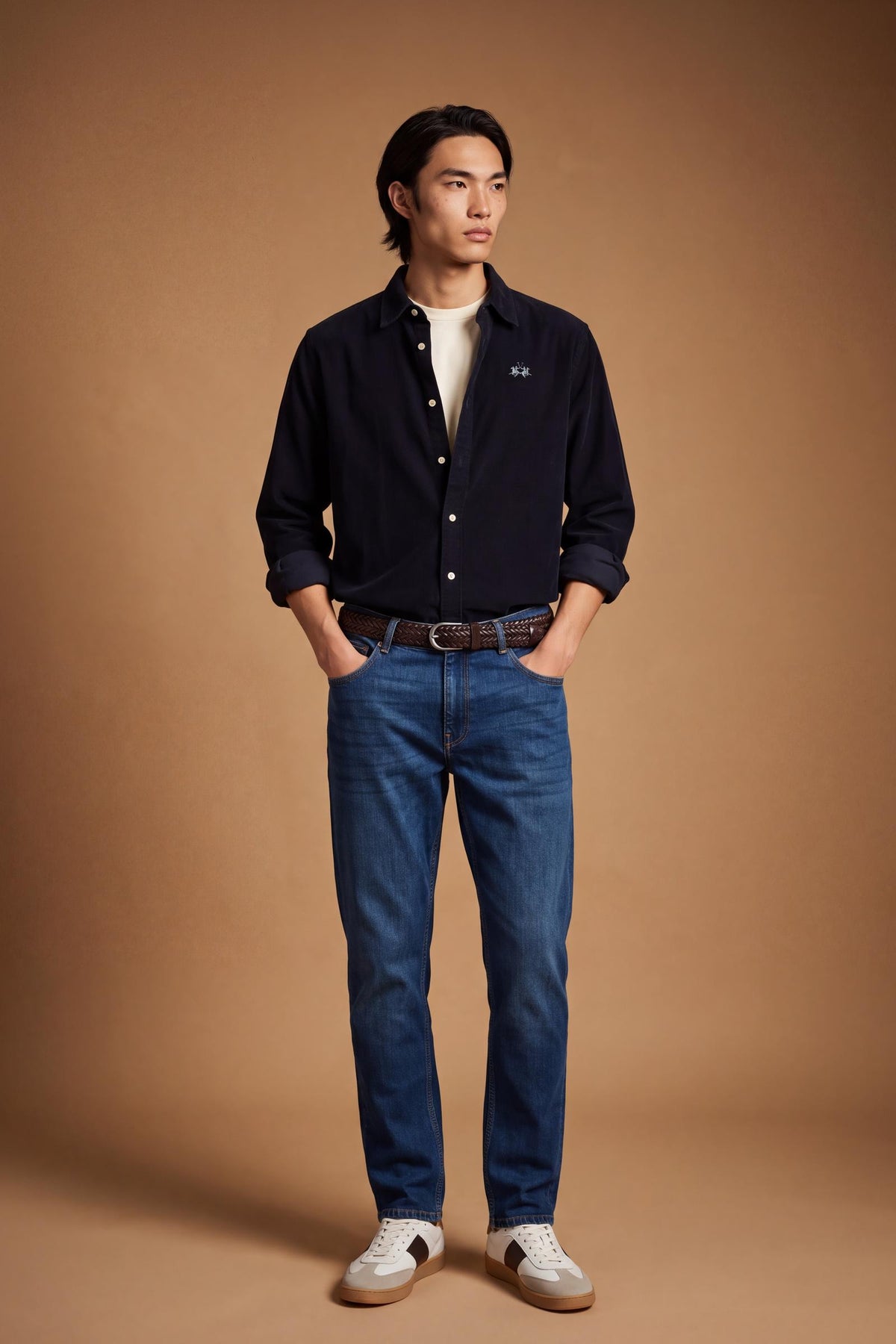 Men’s long-sleeve shirt in soft 100% cotton velvet with regular fit, front button closure, embroidered logo, and a comfortable regular collar for all-day wear. - Black
