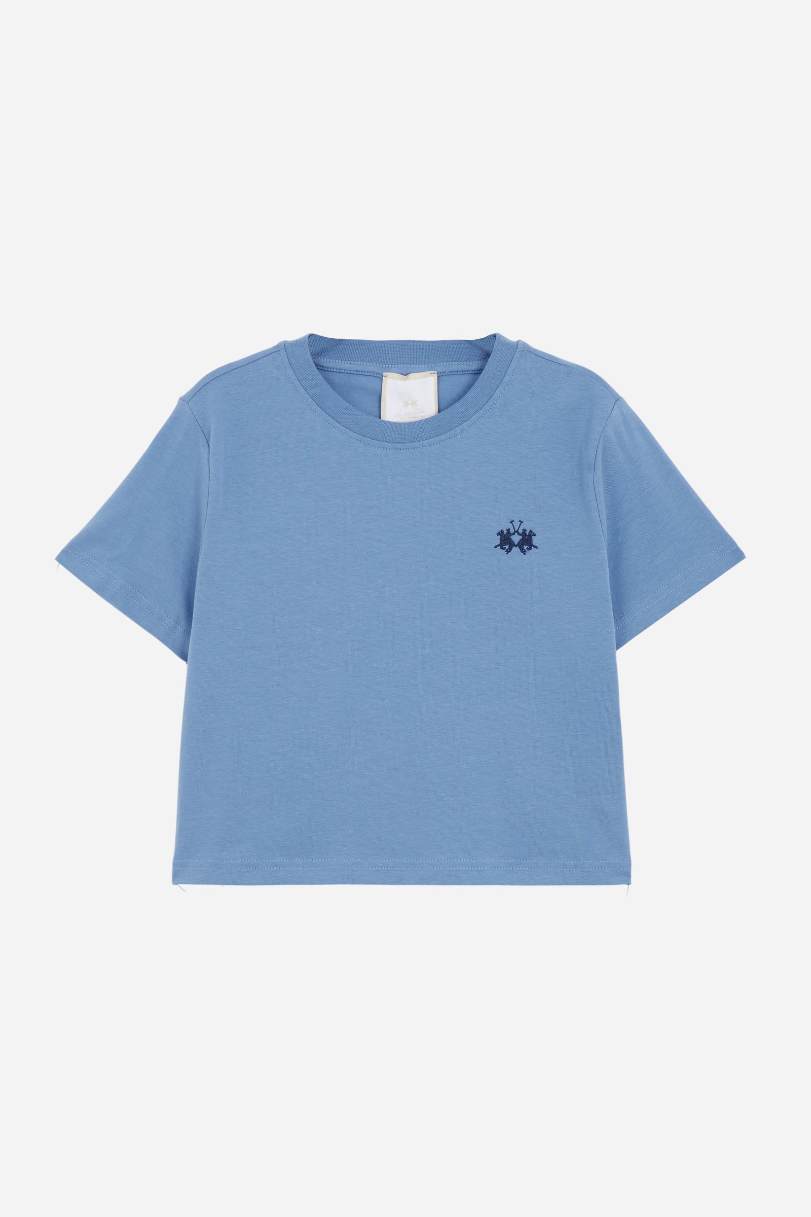 Short-sleeved T-shirt for girls made from 100% cotton jersey. The crew-neck style features a ribbed collar, regular fit and cropped line. The brand logo embroidered on the chest in a contrast colour adds an essential and distinctive detail. A versatile T-shirt, perfect for casual looks with a contemporary feel. - Riviera