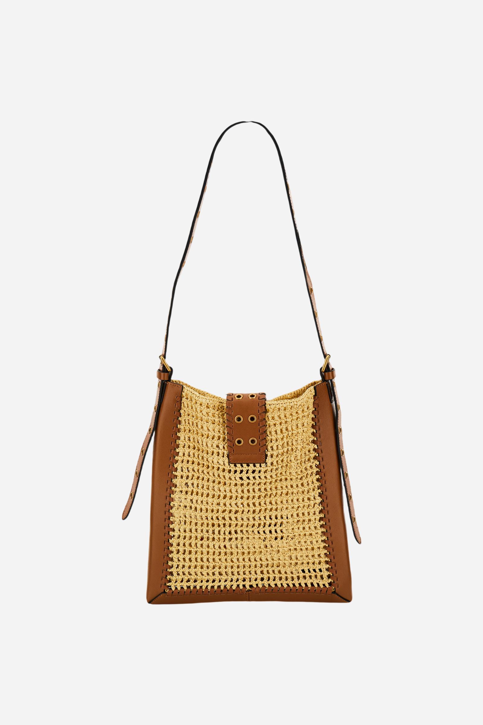 Women's leather and raffia crossbody bag with maxi logo - Fuego Crossbody
