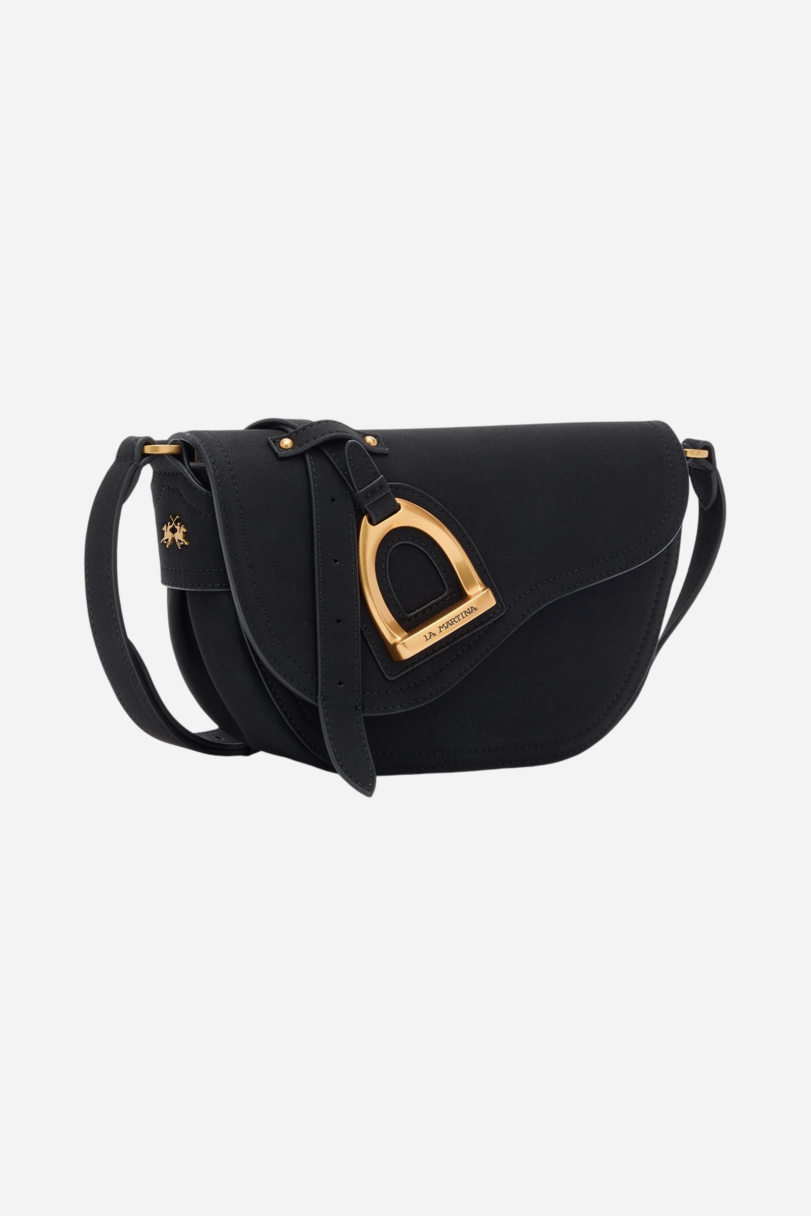 Crossbody bag in nubuck with velvety texture. Structured shape with flap and golden metal logo buckle. - Black