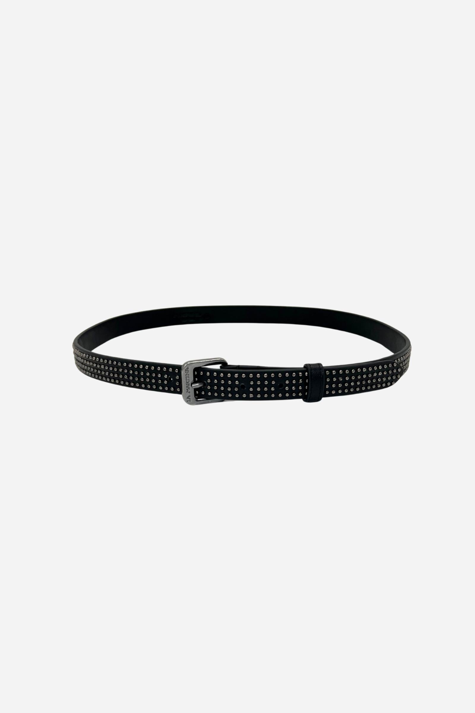 Soft calfskin leather belt with three rows of burnished micro metal studs for a subtle light-catching effect, finished with a square buckle featuring an engrave - Black