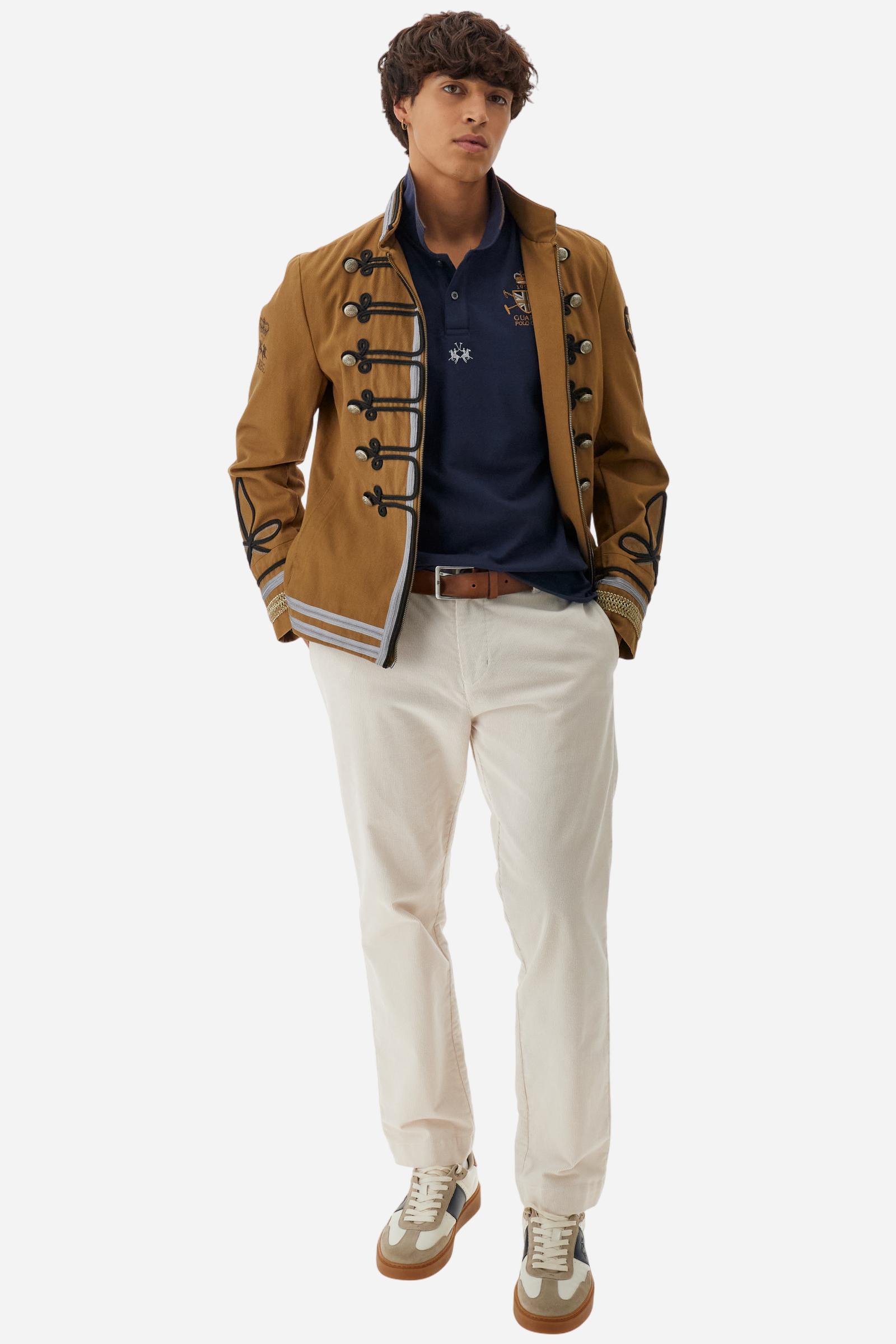 Men’s long-sleeve polo in stretch cotton jersey, regular fit with ribbed collar and cuffs and small embroidered heraldry on the chest. - Navy