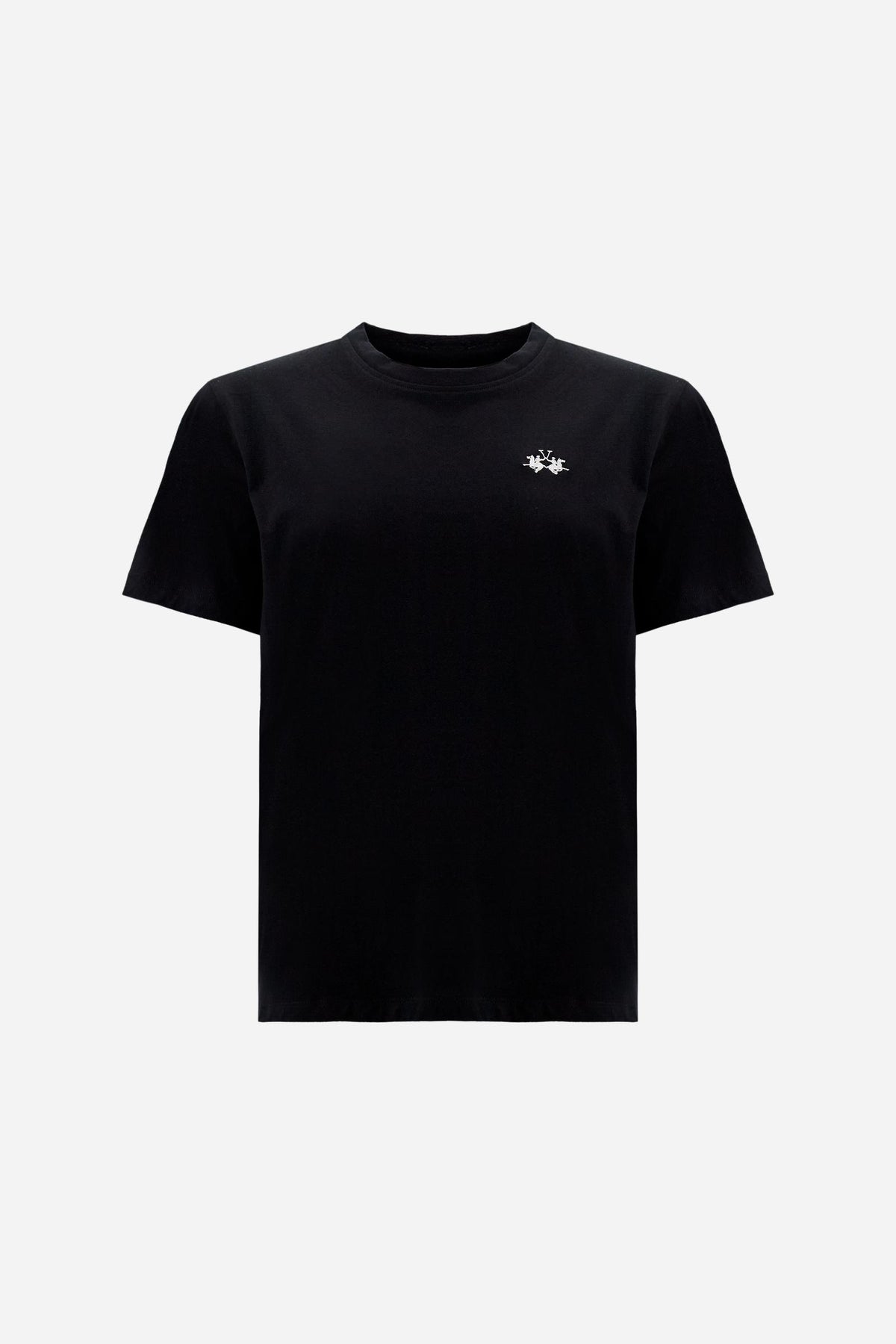 Women’s short-sleeve cotton jersey T-shirt. Crew-neck style with regular fit and small embroidered brand logo on the chest. - Black