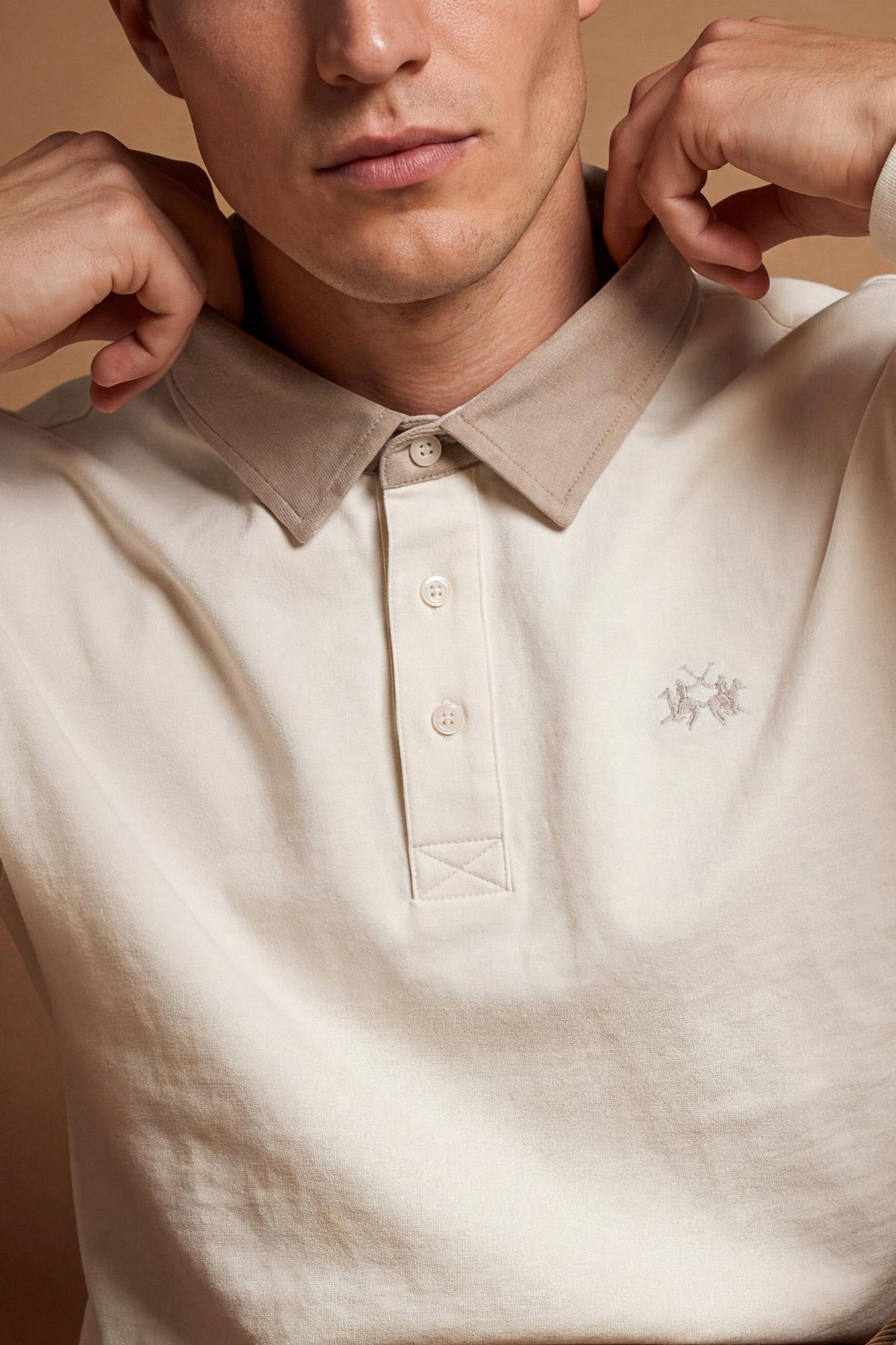 Polo homme manches longues en jersey de coton épais avec col contrastant - Duke
