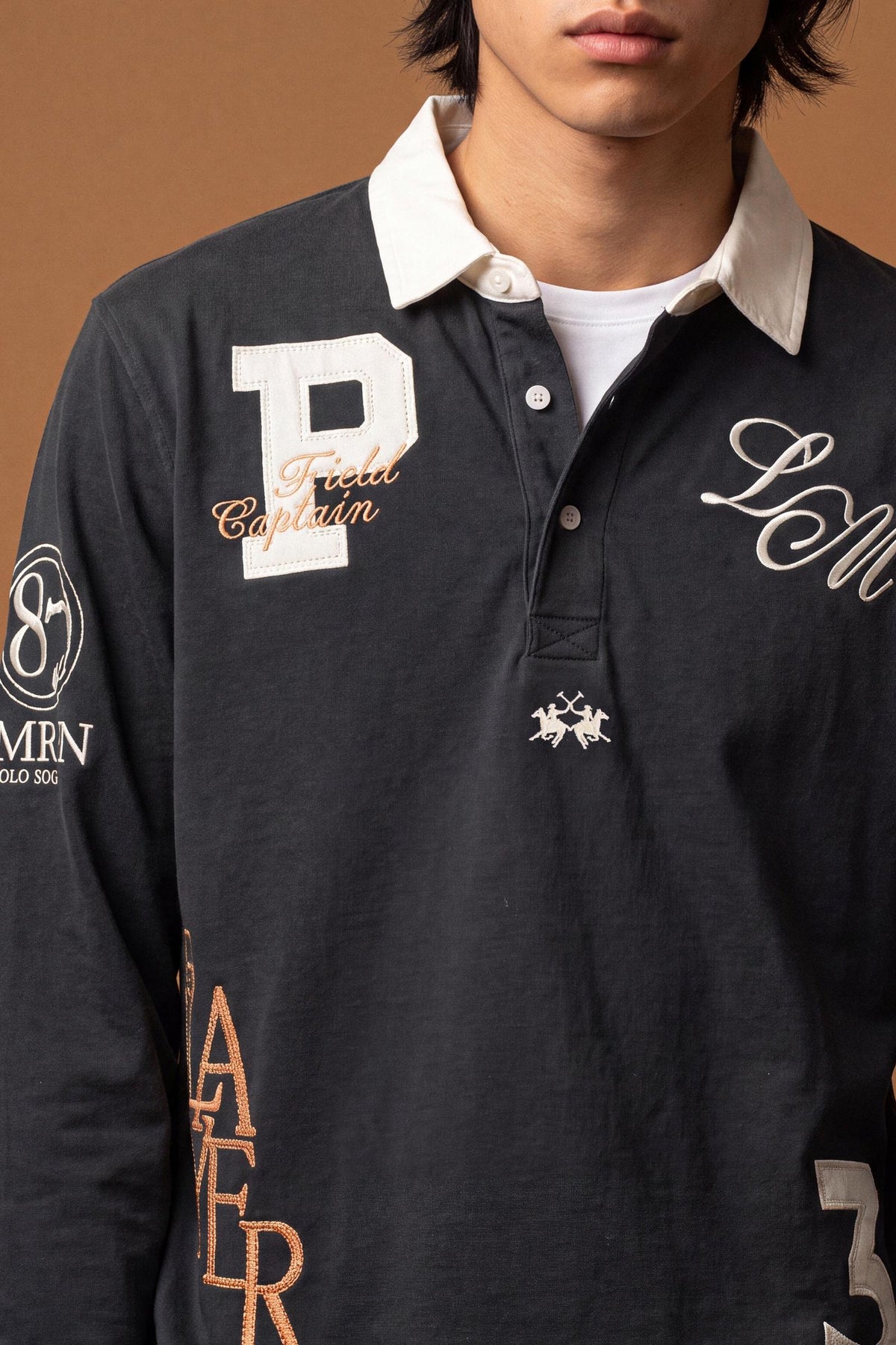 Men's long-sleeve polo in heavy 100% cotton jersey with contrasting collar, ribbed cuffs, embroidered details, and a relaxed contemporary fit for modern comfort. - Navy Blazer