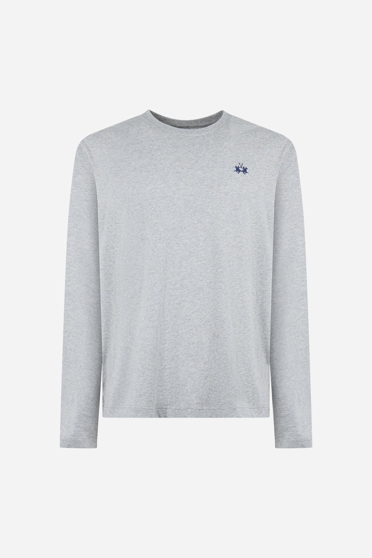 Men’s long-sleeve T-shirt in 100% cotton jersey with ribbed crew neck, regular fit, and subtle embroidered logo for all-day comfort and classic style. - Medium Heather Grey