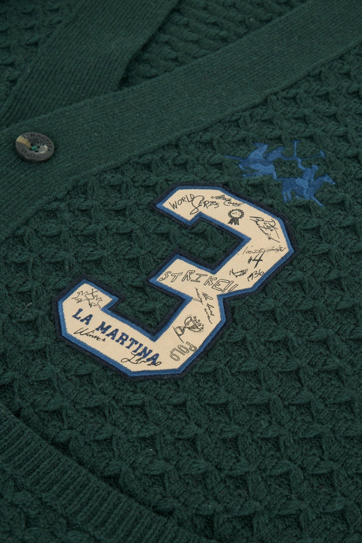 Men's long-sleeve cardigan in 50% lambswool blend with 3D knit, large buttons, patch pockets, bold "3" applique, brand embroidery, and relaxed oversized fit. - Scarab