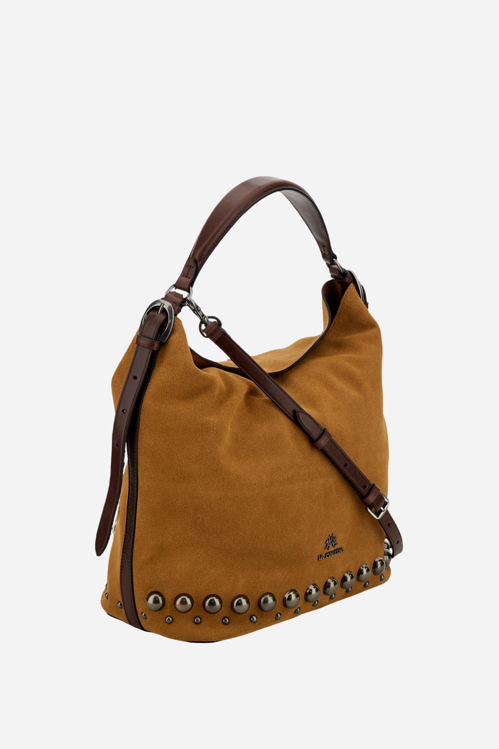 Soft suede hobo bag with leather trims, metal studs, spacious interior, zip pocket, and adjustable shoulder strap for durability and modern style. - Mou/Sienna