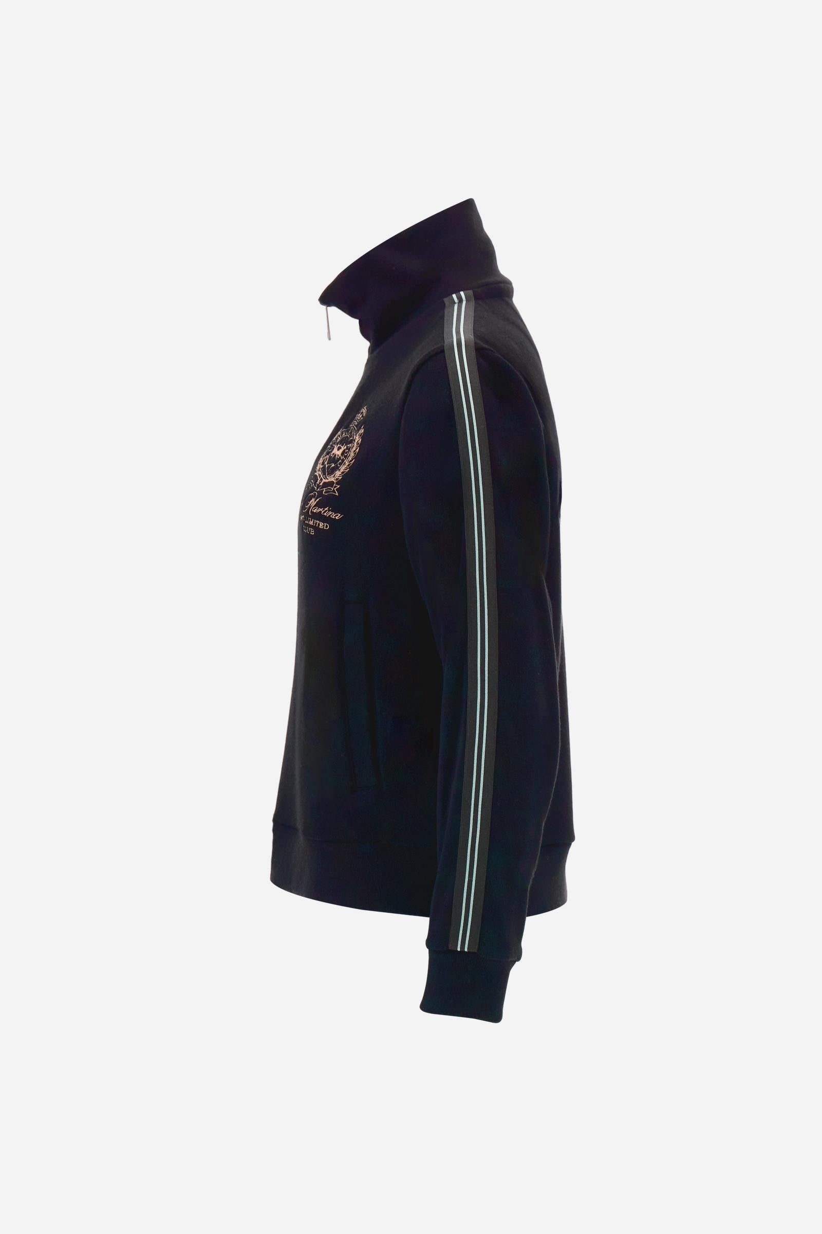 Women’s full-zip sweatshirt with long sleeves in soft interlock viscose blend, offering a luxurious feel on the skin. Straight cut with fluid line and sport-luxury details. Striped bands on the sleeves and heraldic embroidery on the chest add a contemporary touch. The model wears size 2. - Black