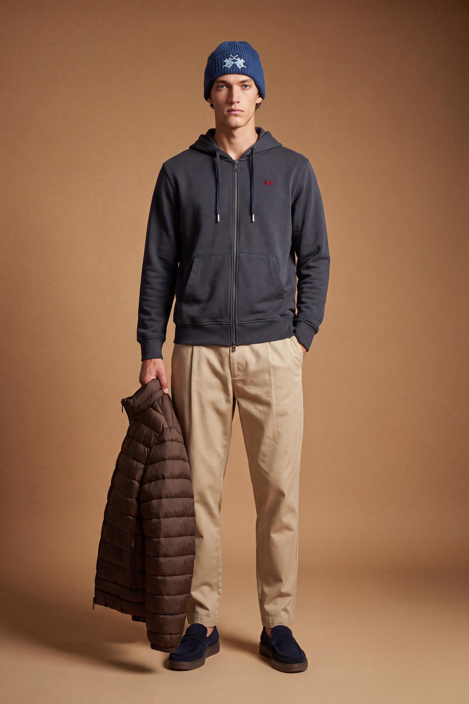 Men's long-sleeve sweatshirt in 100% cotton brushed fleece with adjustable hood, front zipper, kangaroo pockets, ribbed cuffs, and a relaxed fit for comfort. - Navy Blazer