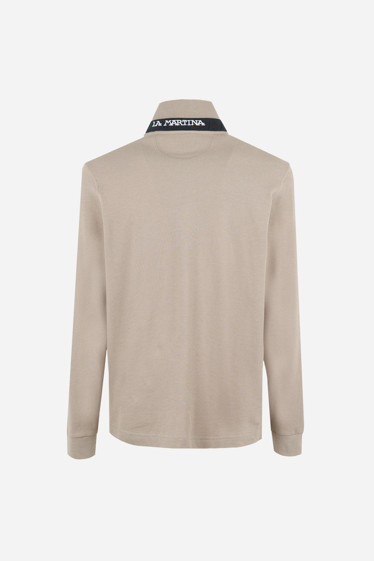 Men’s long-sleeve polo in stretch cotton piqué offers comfort, flexibility, a ribbed collar with contrasting gabardine detail, slim fit, and embroidered logo - Vintage Khaki