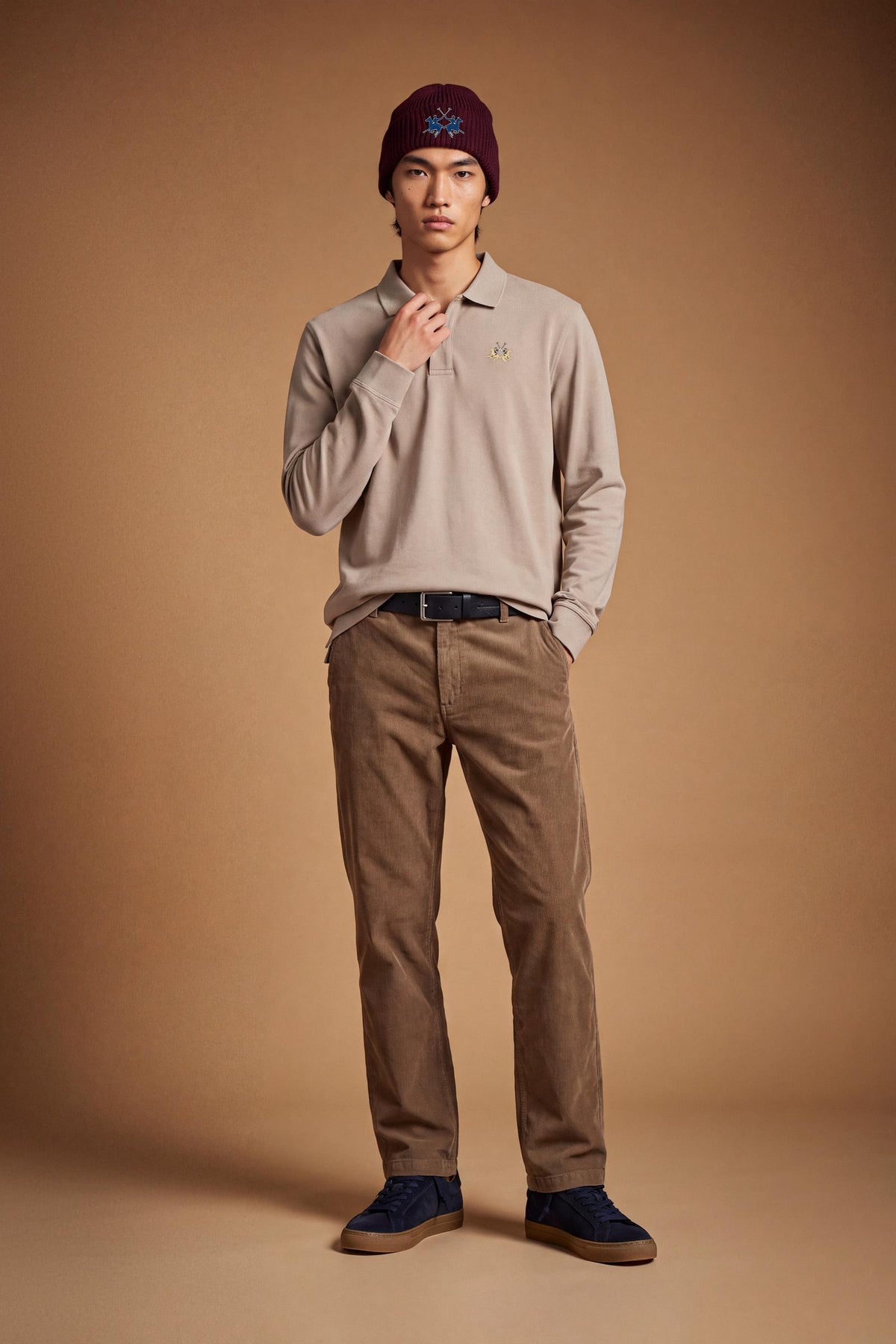 Men’s long-sleeve polo in stretch cotton piqué offers comfort, flexibility, a ribbed collar with contrasting gabardine detail, slim fit, and embroidered logo - Vintage Khaki