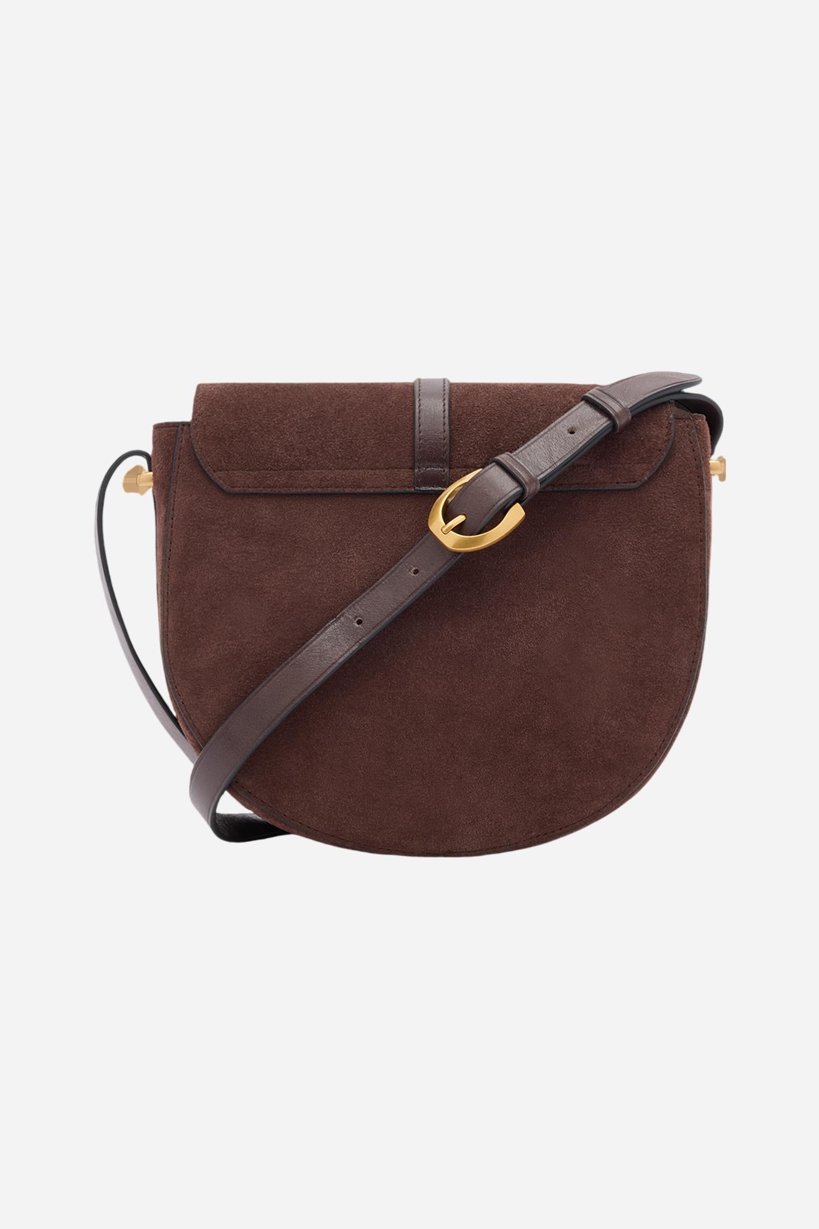 Crossbody bag in suede with leather details, with curved and refined design. The front flap, closed with a hidden magnet, is decorated with a large golden logo buckle and contrasting leather details. The adjustable strap is made of leather. Dimensions:19 x 16 x 6 - D.BROWN/D.CHOCOLATE