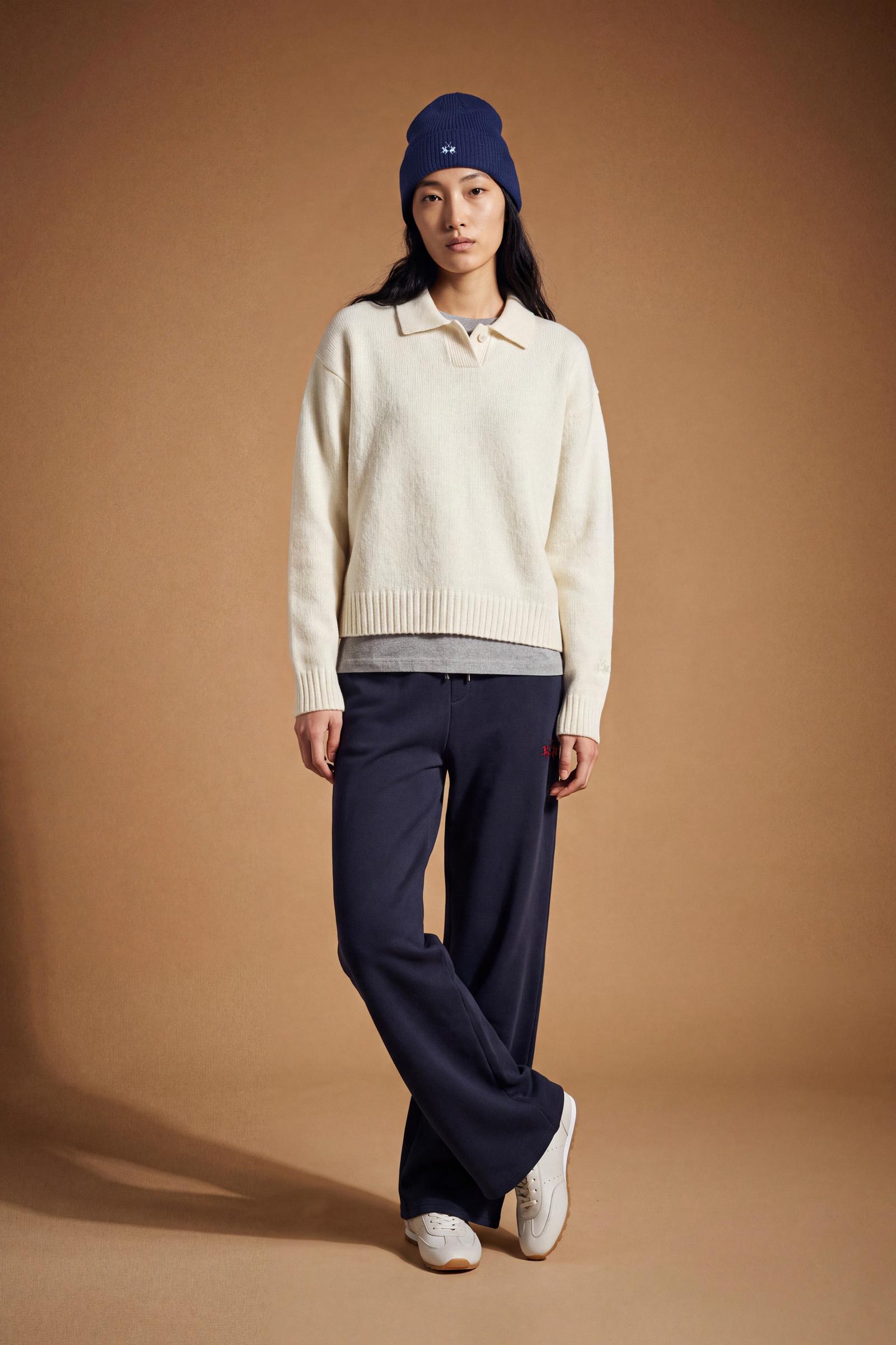 Women's pants in soft brushed cotton with an elastic waistband, adjustable drawstring, vertical side pockets, and a relaxed wide-leg fit for all-day comfort. - Navy Blazer