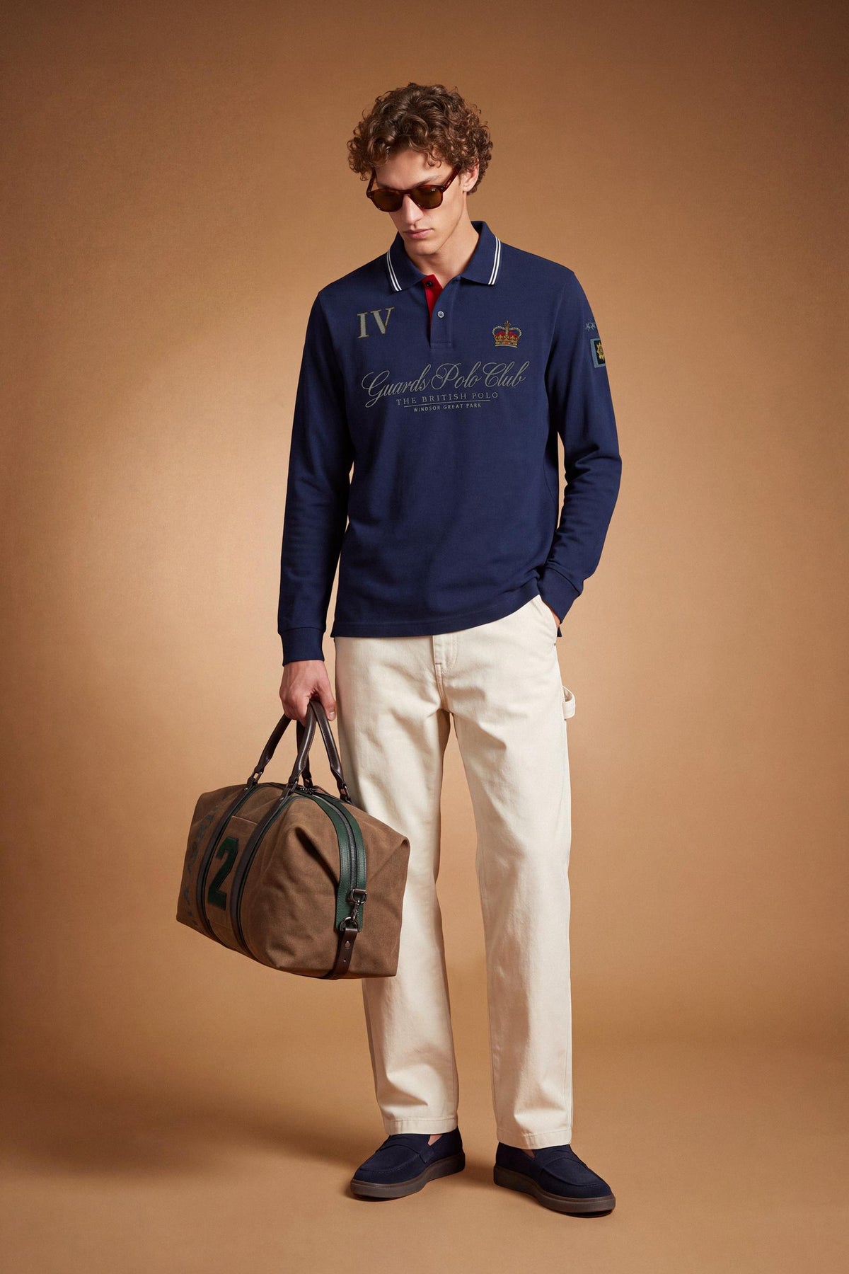 Men's long-sleeve cotton piqué polo with a regular fit, ribbed collar and cuffs, contrasting details, and multicolored embroidered logos for a refined look. - Navy Blazer