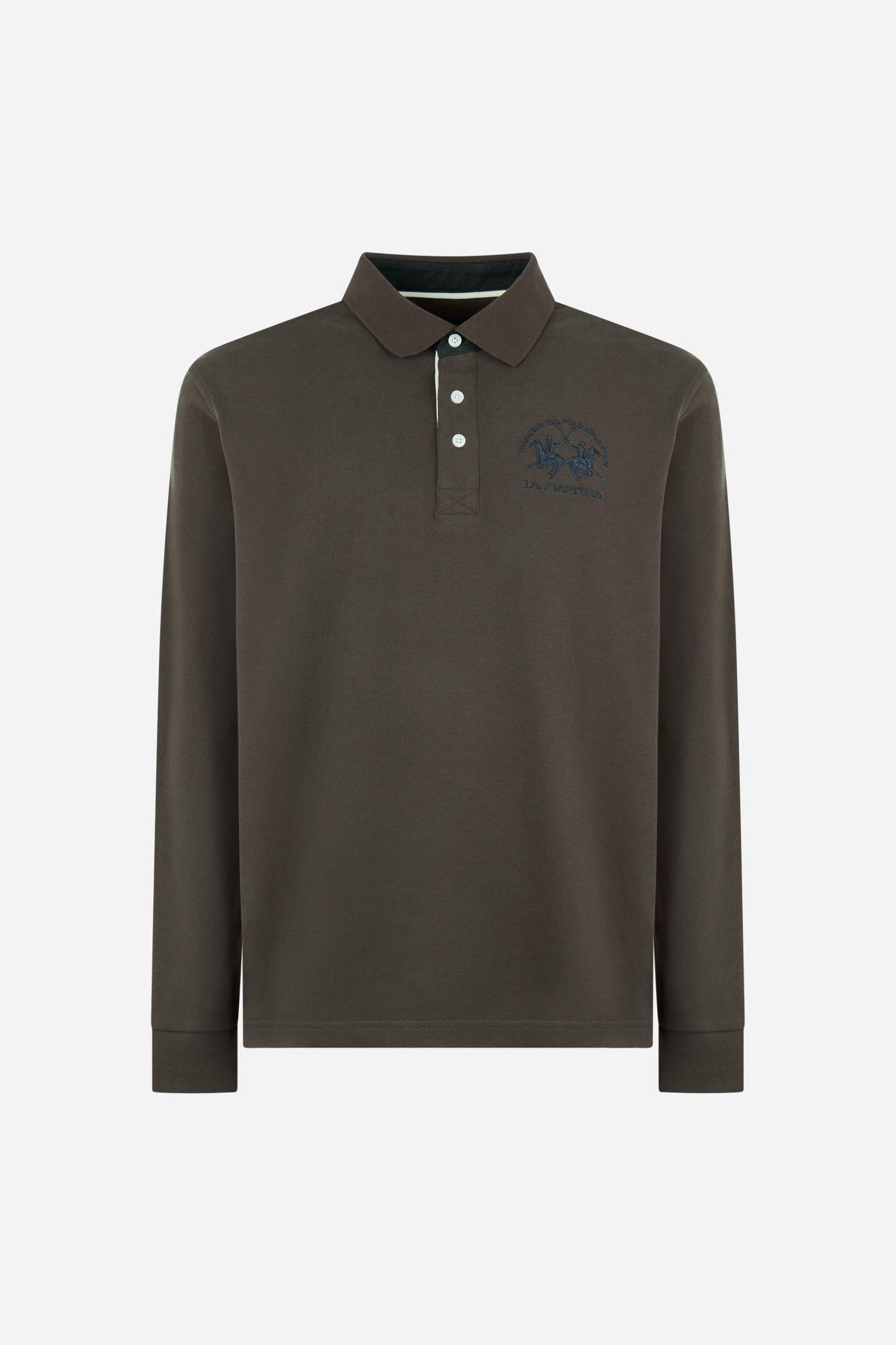 Men's long-sleeve polo in soft cotton jersey with contrasting gabardine collar, ribbed details, multicolor striped placket, and embroidered team logo for comfor - Hot Fudge