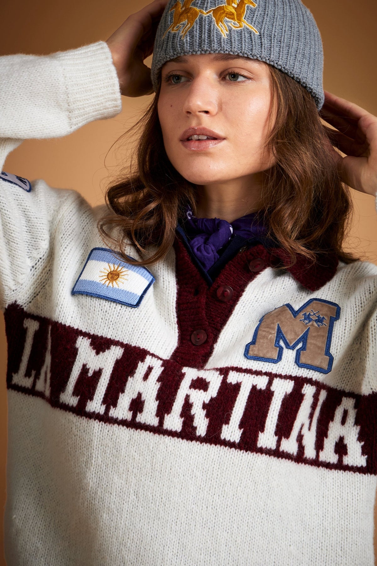 Women's polo collar sweater in alpaca blend with patch - Estella