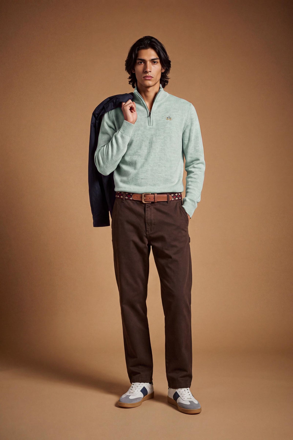 Men's long-sleeve lambswool sweater with half-zip neck, ribbed collar, cuffs, and hem, featuring contrasting inner tape and embroidered logo for a stylish, comf - Desert Sage