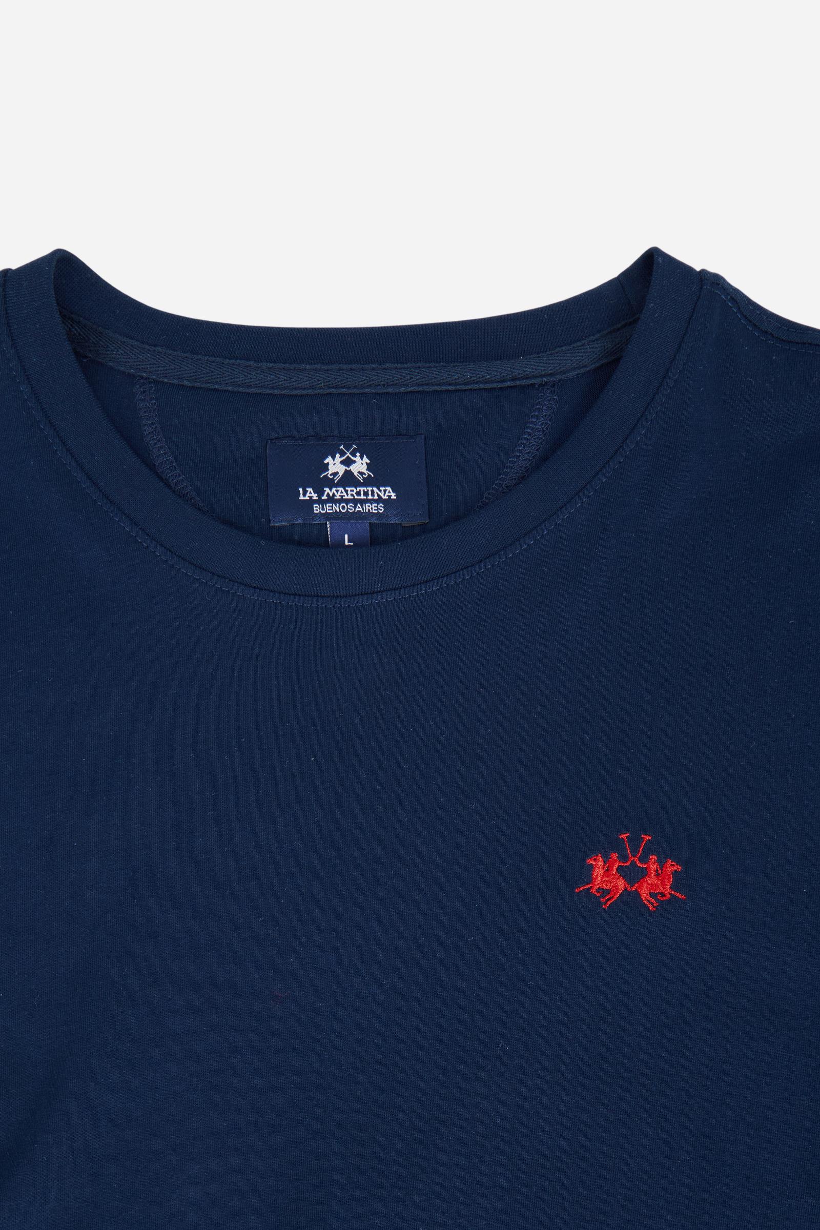 Men's short-sleeved crew-neck T-shirt in solid color with embroidered logo. Made of 100% cotton, perfect for a casual and trendy look with shorts or trousers. - Navy