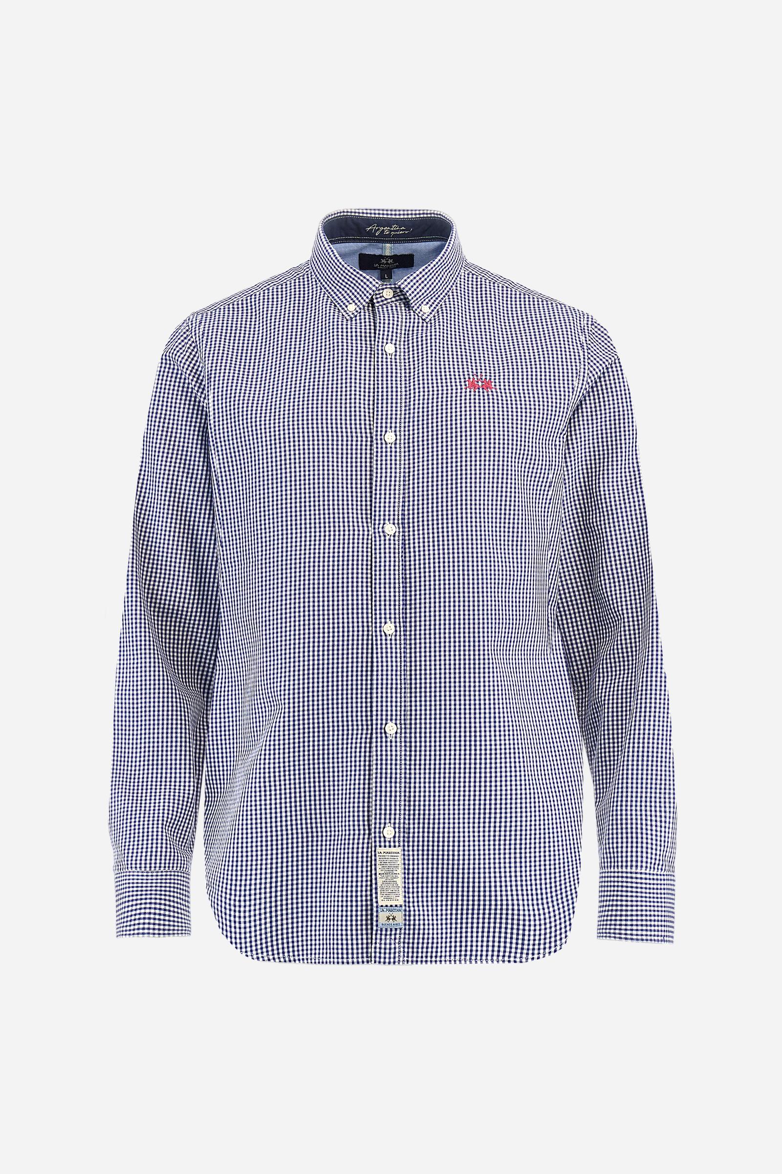Men’s long-sleeved shirt in 100% cotton poplin with a bicolor check pattern. Front button placket with personalized buttons and button-down collar. Inside the collar, contrasting details feature Argentine-inspired embroideries and prints on blue or sky-blue background. Contrasting embroidered logo on the chest. Regular, classic fit. The model wears size L. - Navy/Optic White