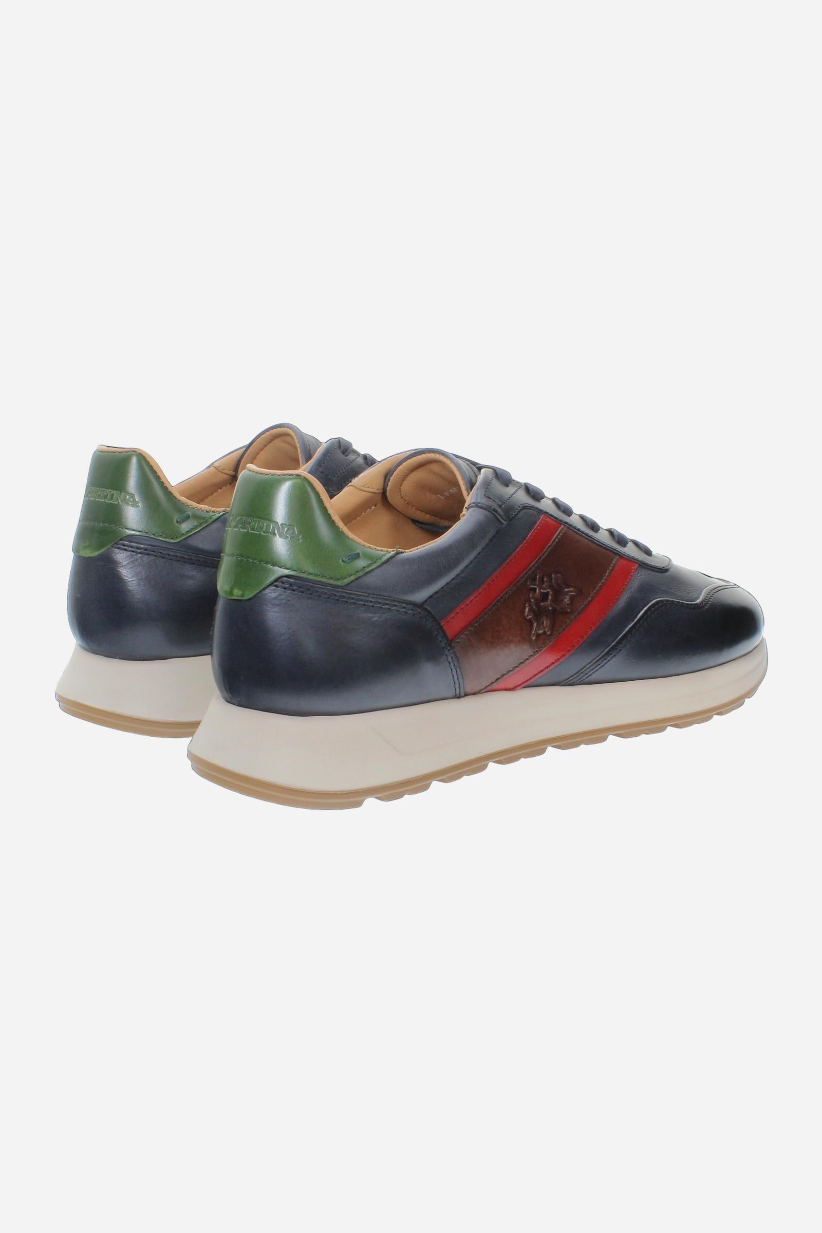 Men's sneaker combining calf and vegetable-tanned leather with artisanal stitching, branded logo, and high-cushioning rubber PU sole for lasting comfort and style. - Salute
