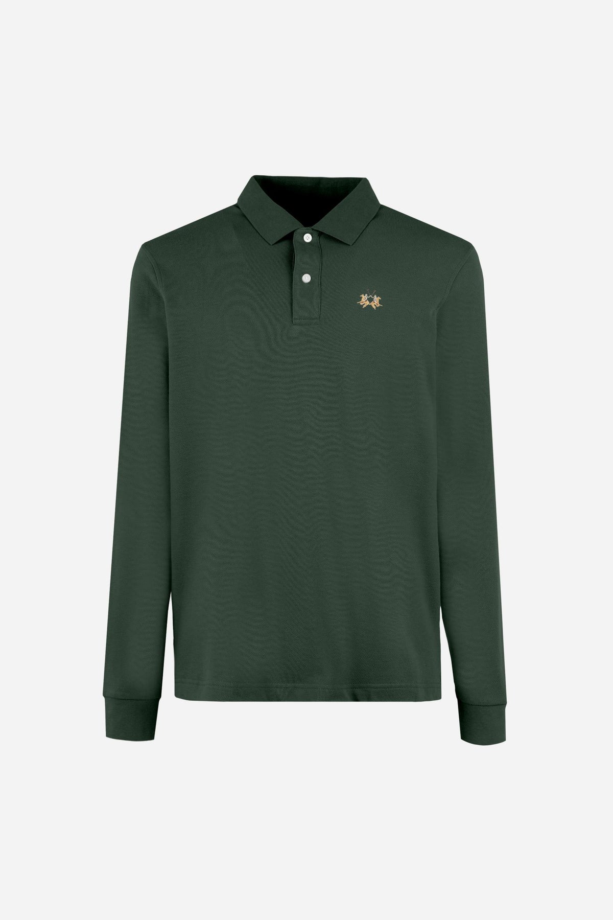 Men’s long-sleeve polo in stretch cotton piqué offers comfort, flexibility, a ribbed collar with contrasting gabardine detail, slim fit, and embroidered logo - Sycamore