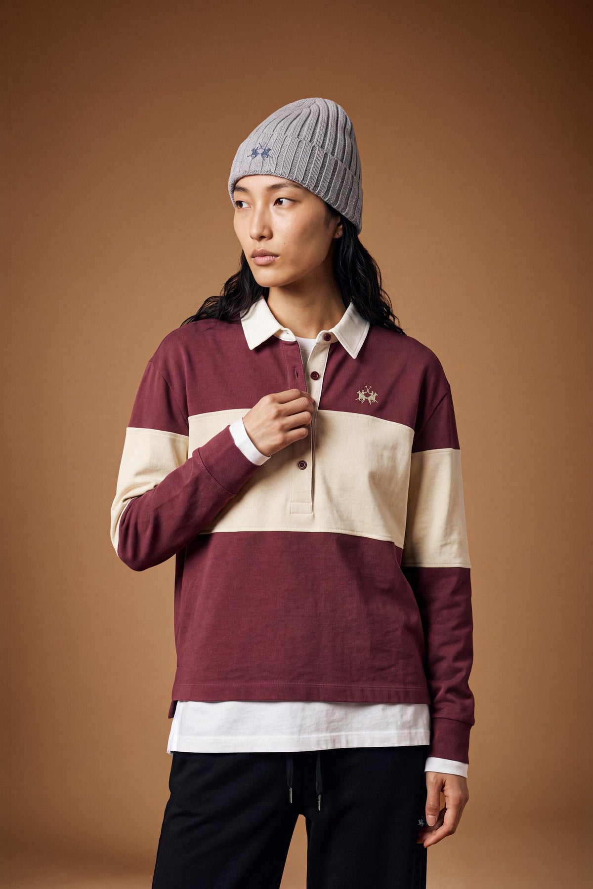 Women's long-sleeve polo in heavy 100% cotton jersey, featuring a contrast gabardine collar, double twill placket, color block stripes, and embroidered logo. - Port Royale/Pristine