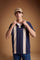 Men's short-sleeve polo in heavy 100% cotton with wide contrasting stripes, knitted collar, two-button placket, relaxed fit, and bold chest embroidery. - Navy Blazer