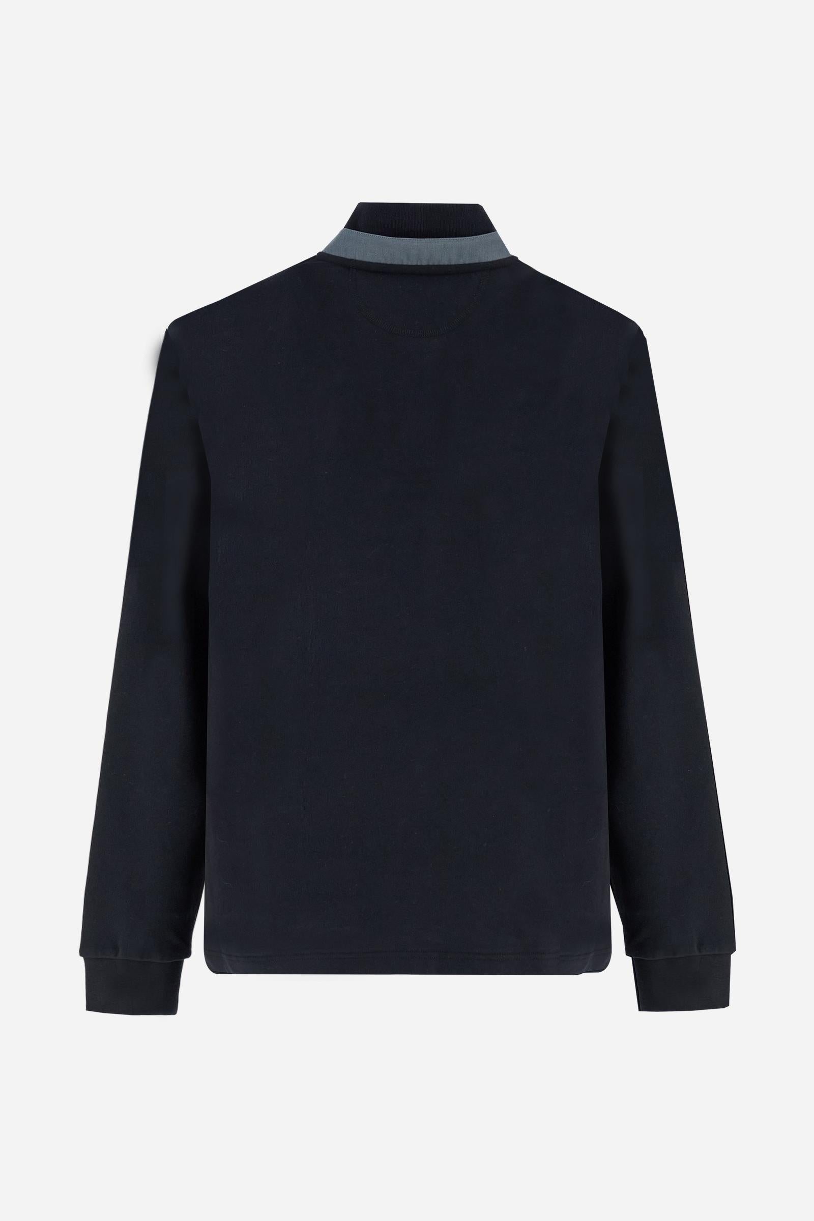 Long-sleeve polo shirt in warm cotton jersey. Ribbed collar with subtle textured detail, contrast undercollar and placket. Logo and Guards crest embroidered in contrast on the chest, paired with raised embroidered lettering inspired by Windsor tradition and British polo. Regular fit for an elegant yet relaxed style. Model wears size L. - Black