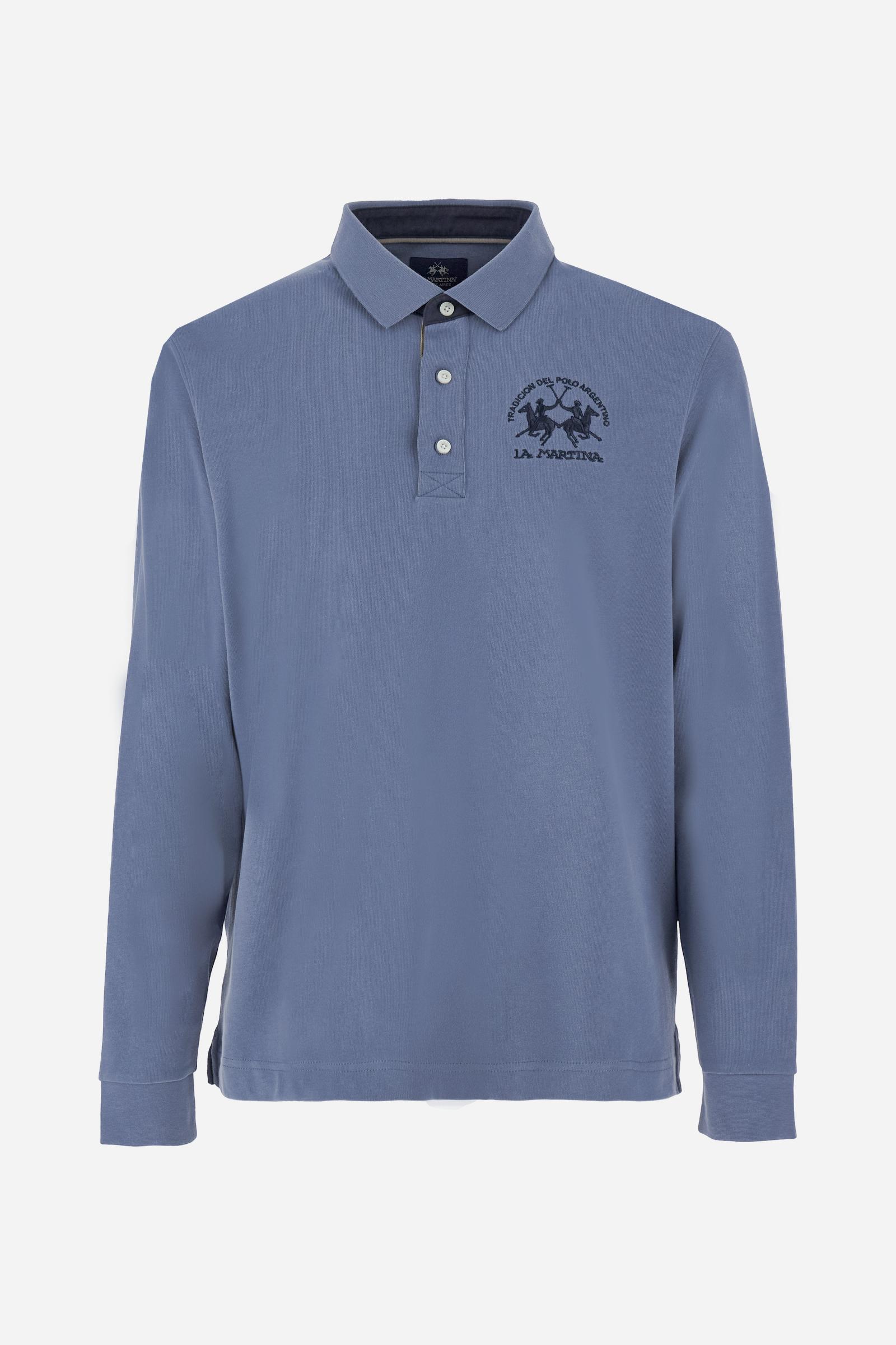 Men’s long-sleeve polo in premium soft-touch cotton jersey for a luxurious feel on the skin. Contrast gabardine details on the collar. Upper collar in tone-on-tone ribbing with printed La Martina lettering undercollar. Three customized buttons, enhanced by a multicolor striped tape on the placket. Contrast embroidered team logo on the chest. Regular fit. Model wears size L. - Flint Stone