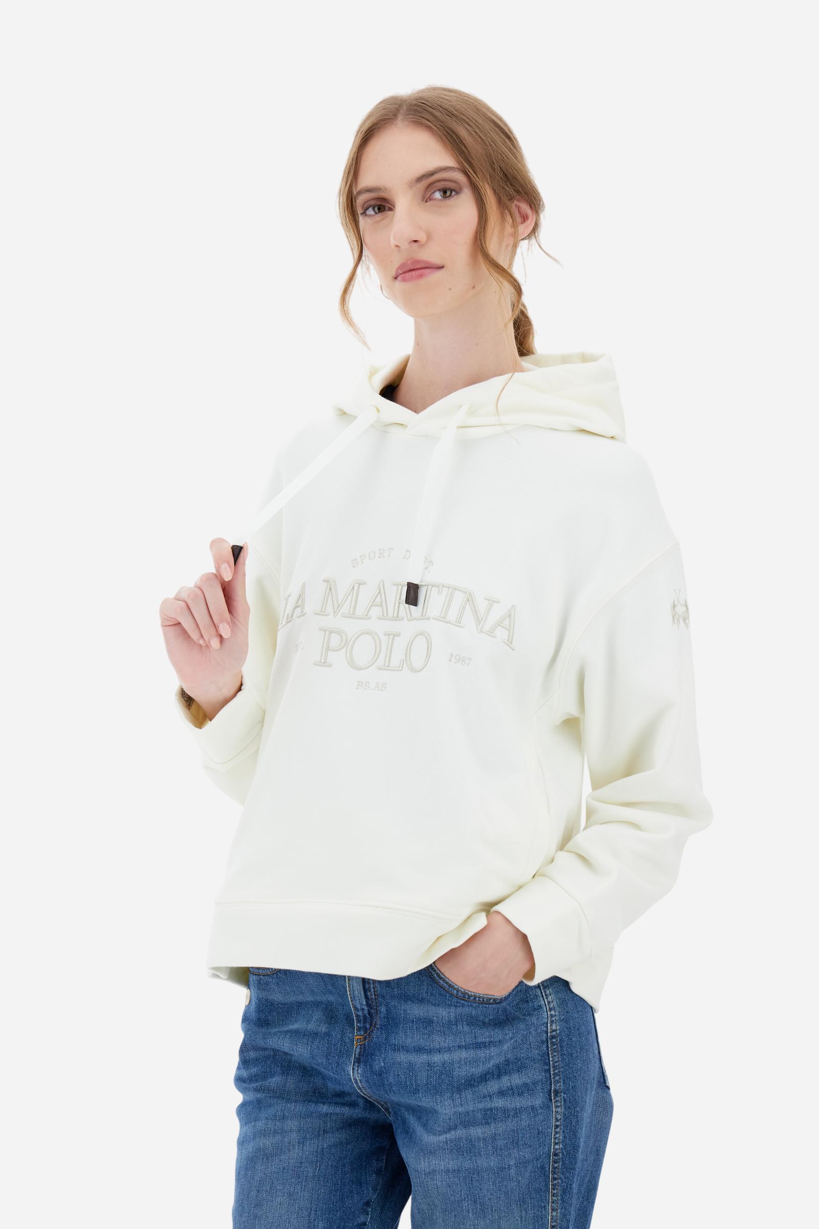 Women’s hoodie with long sleeves in 100% cotton french terry, solid colour with a velvety and warm touch. The hood is lined in tone-on-tone jersey and finished with a velvet drawstring. The chest graphic recalls the refined aesthetics of the Royal Polo theme, while the small brand logo is tone-on-tone embroidered on the sleeve. The model wears size L. - Off White